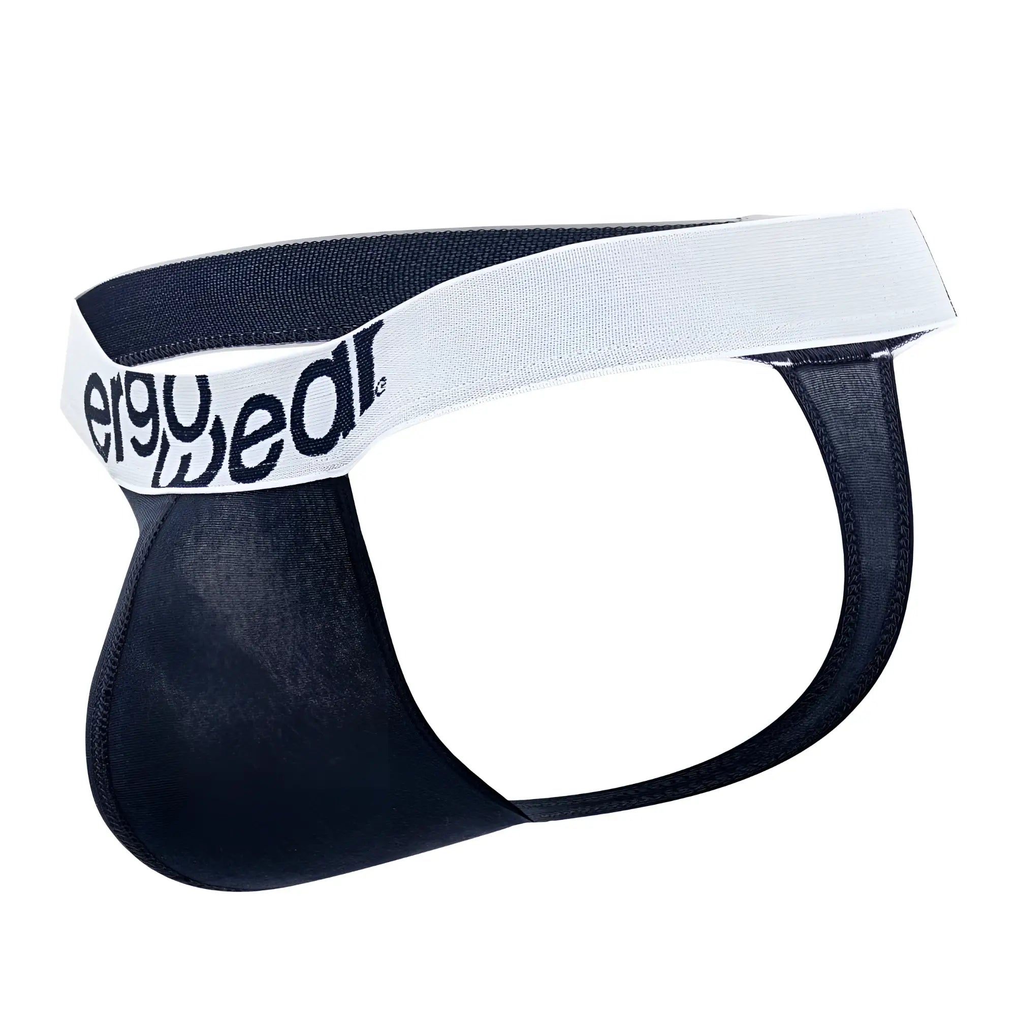 Black ergowear men’s briefs with white elastic waistband featuring brand name in black lettering in navy blue cotton