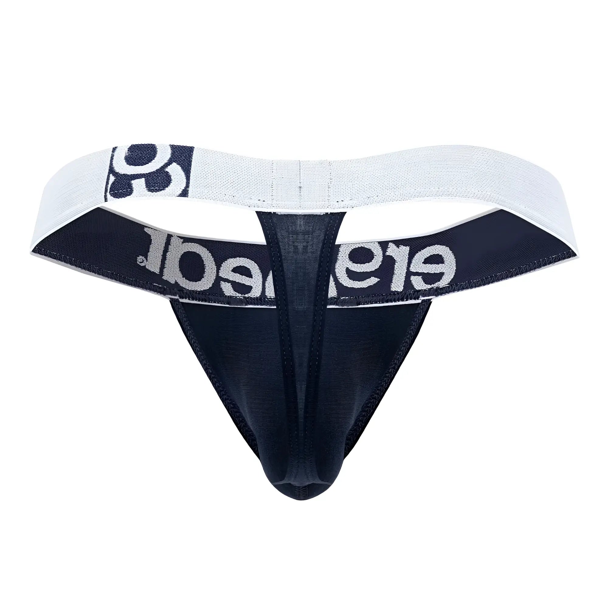Black and white ErgoWear EW1470 MAX cotton thong in navy blue with textured fabric and elegant silver waistband lettering