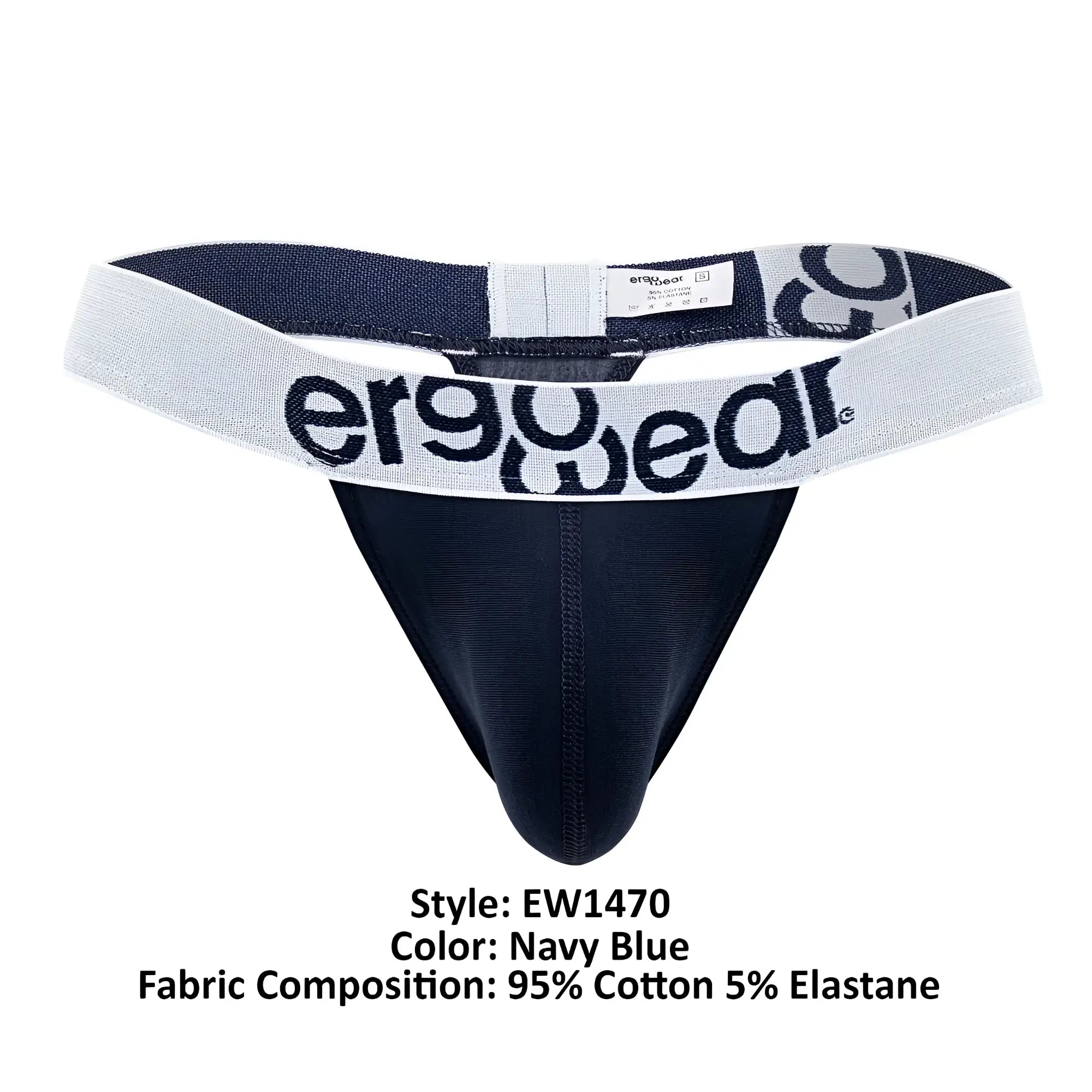 Navy blue ergonomic cotton thong with white elastic waistband featuring ergowear logo in black lettering