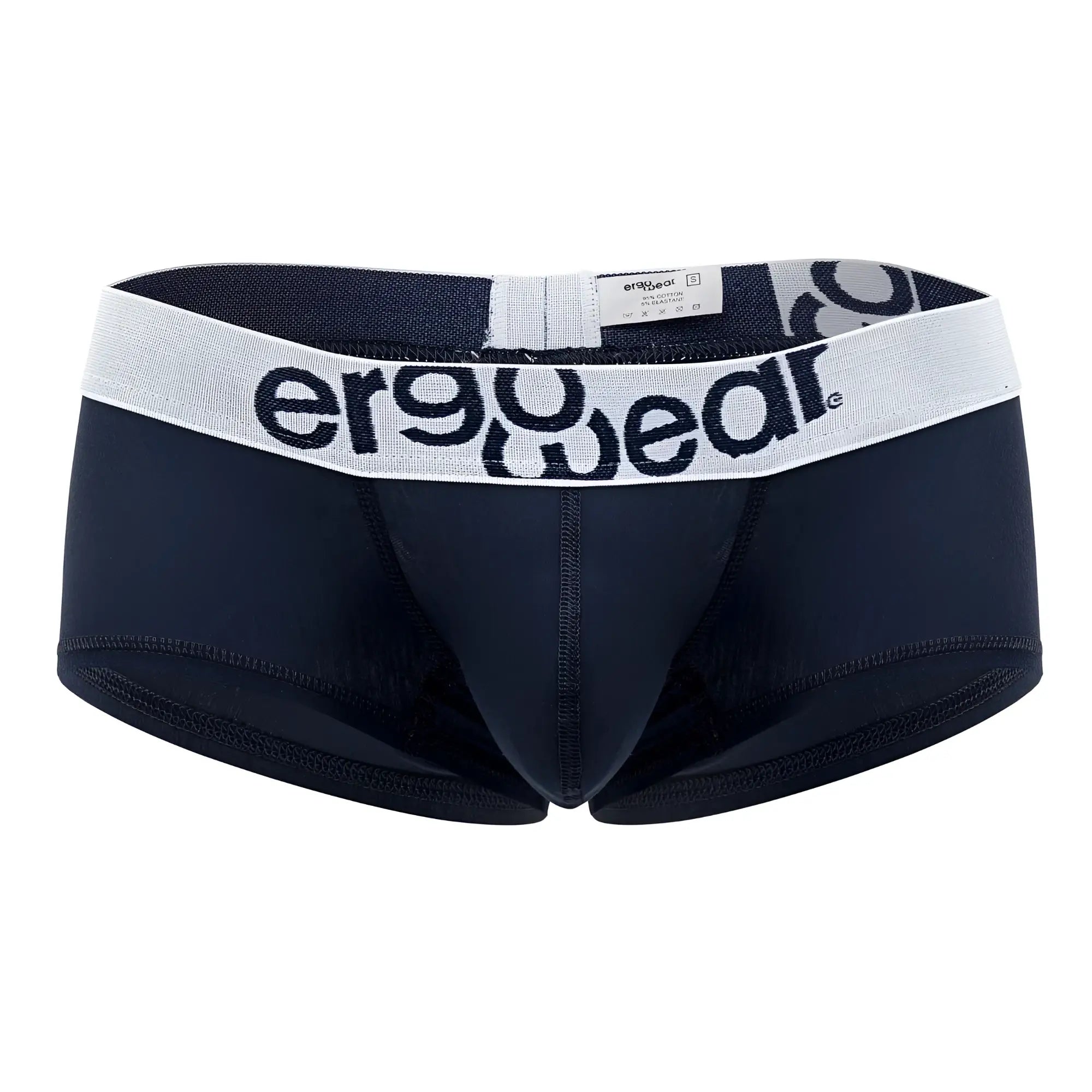 Black ergonomic briefs with white ergowear waistband in navy blue cotton trunks for comfortable daily wear