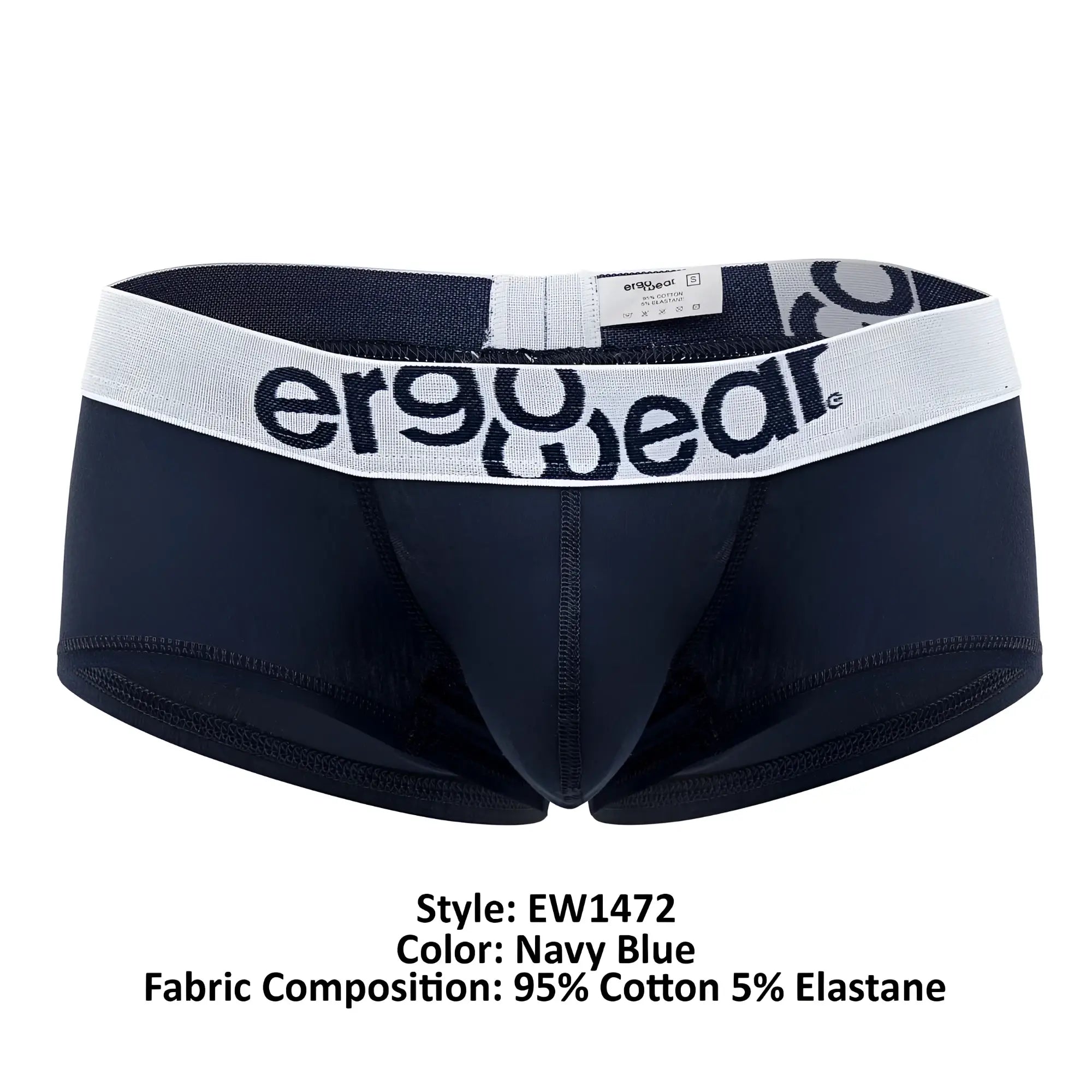 Navy blue men’s cotton briefs with a white waistband featuring the ergowear logo in black lettering