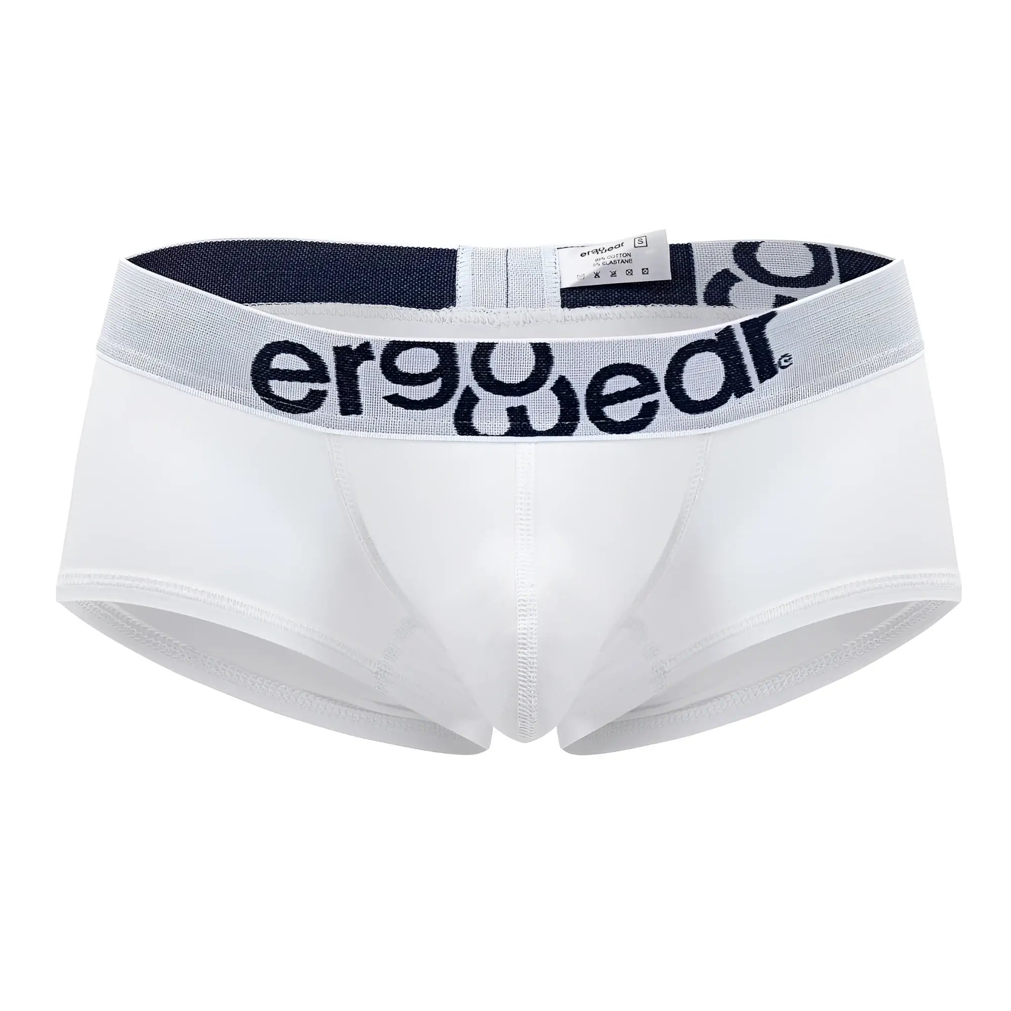 White ergonomic cotton trunks with gray waistband featuring the ergowear logo in black front view