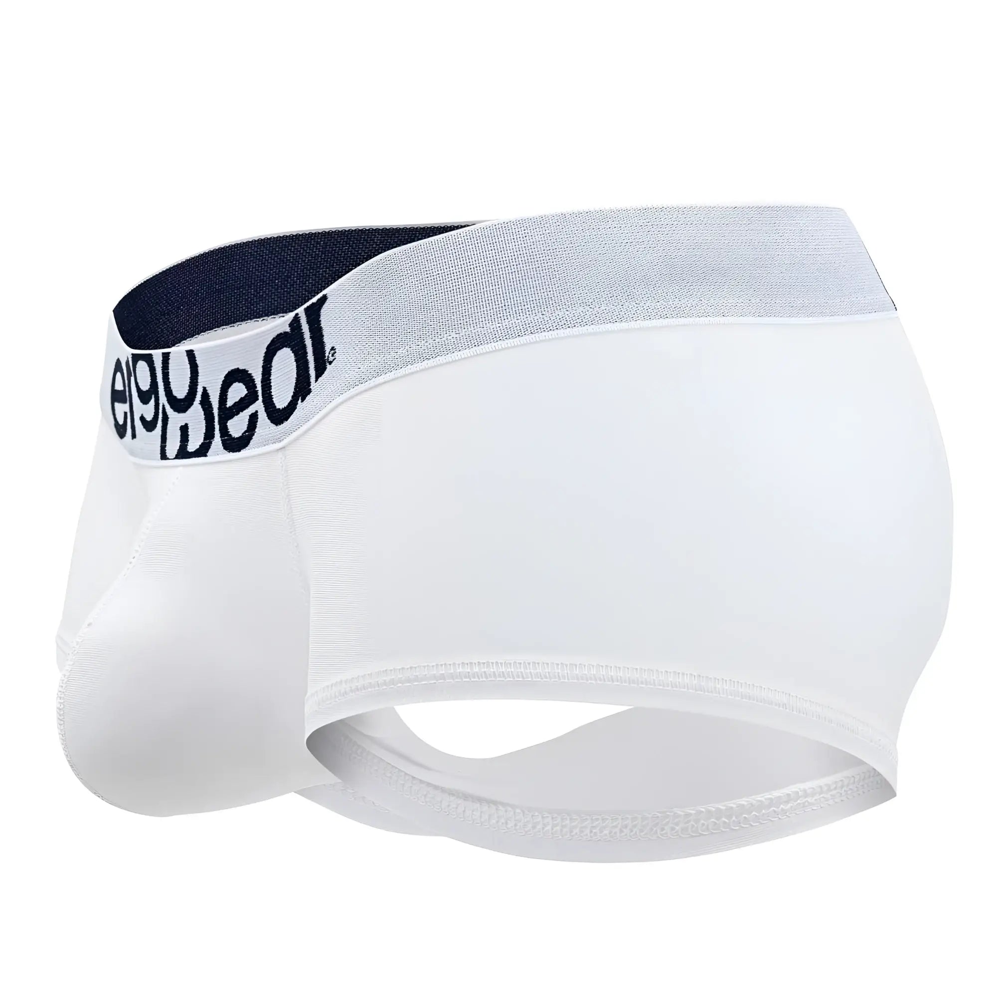 White ergo wear ew1476 max cotton trunks with gray navy waistband and ego wear logo in black text