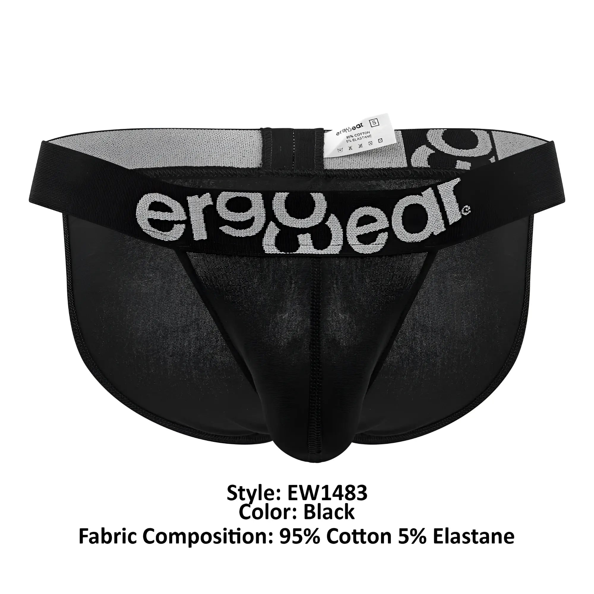 Black ergonomic briefs with gray ergo wear logo waistband made of 95 percent cotton and 5 percent elastane