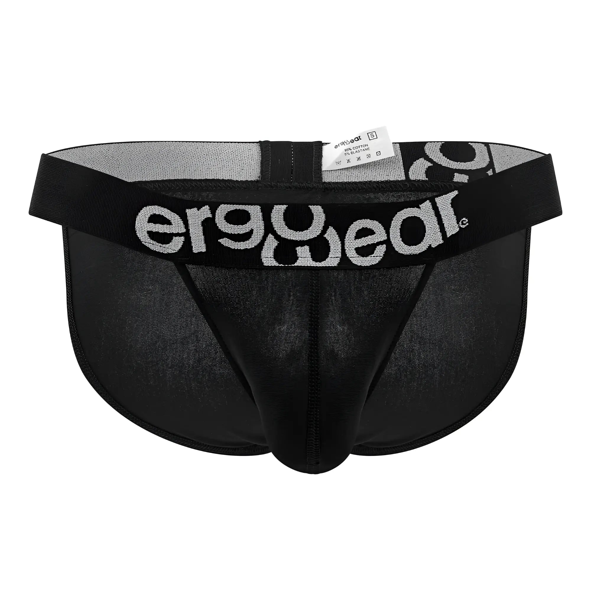 Black ergonomic briefs with gray and white ergo wear logo on waistband made of cotton for comfortable wear