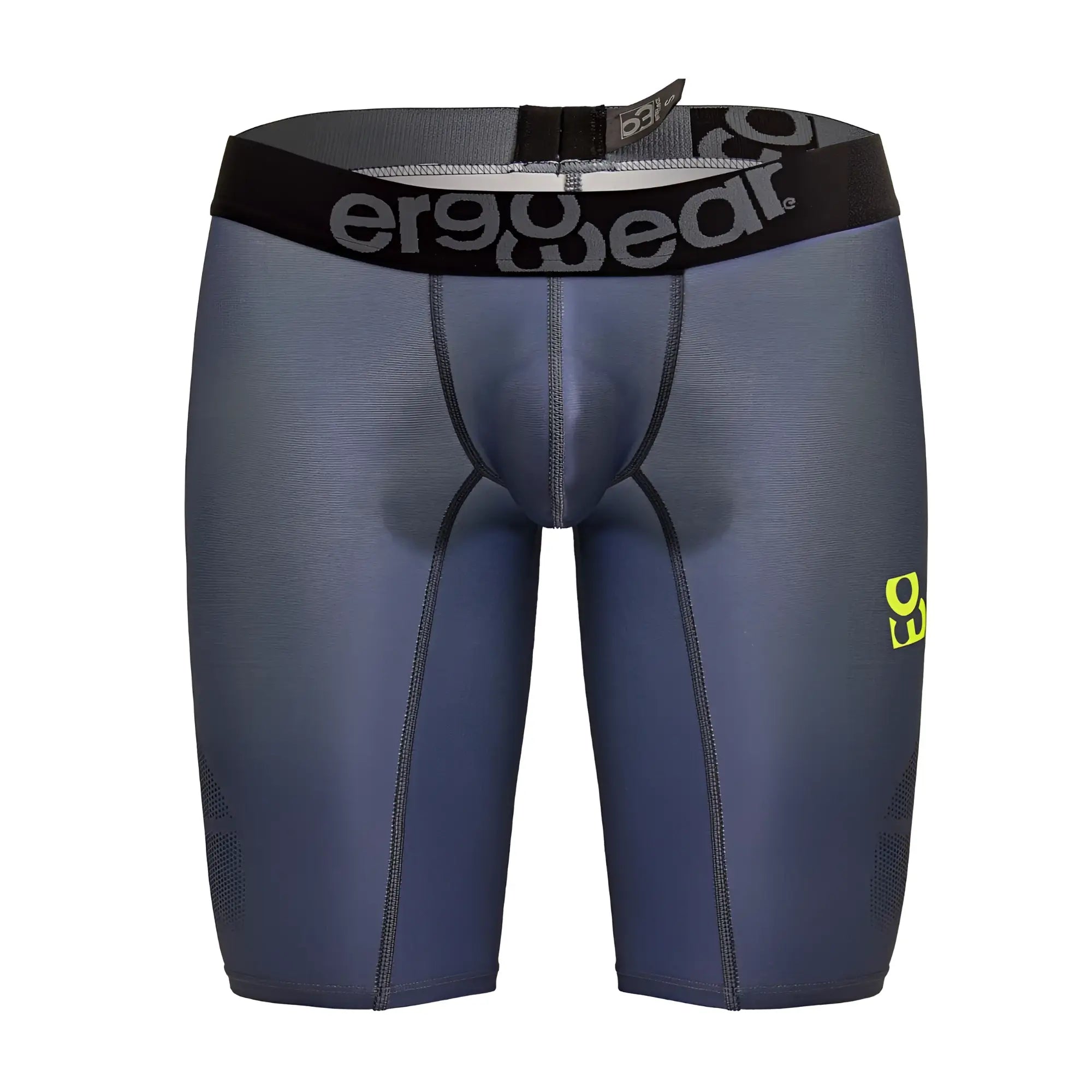 Dark gray ergonomic compression shorts with black ergo wear waistband and neon green branding on the side