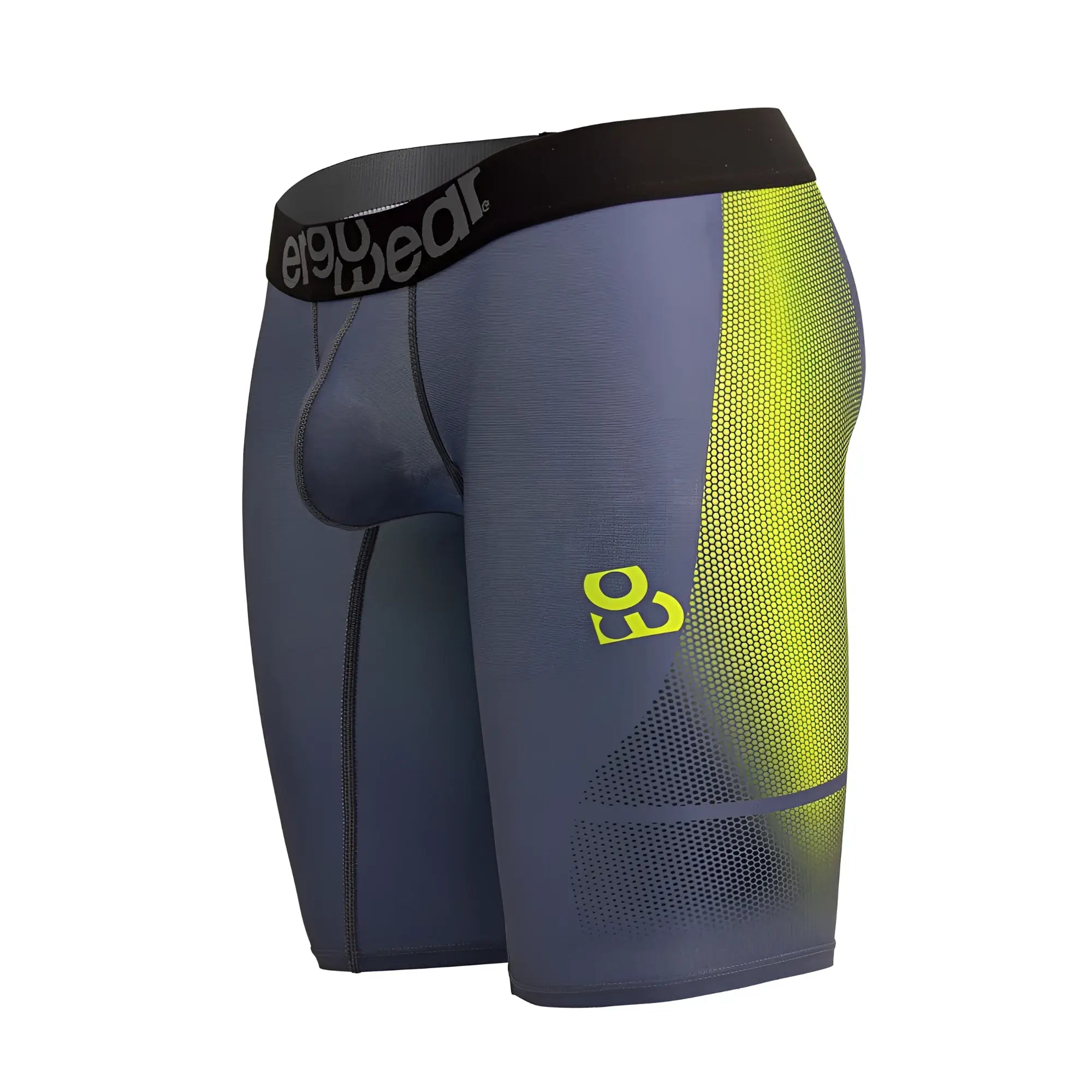 Dark gray and neon yellow gradient ergoWear ew1603 max se compression shorts with black waistband and logo