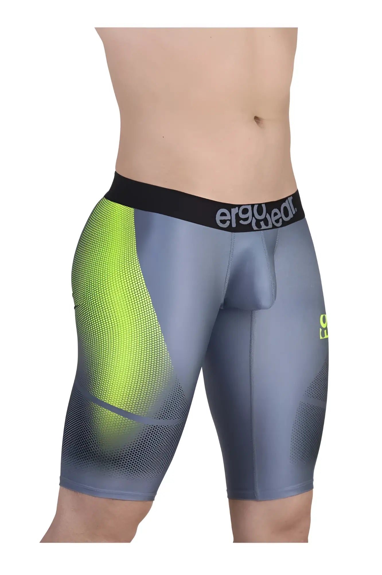 Ergowear ew1603 max se gray and neon green athletic compression shorts with black waistband for sports use