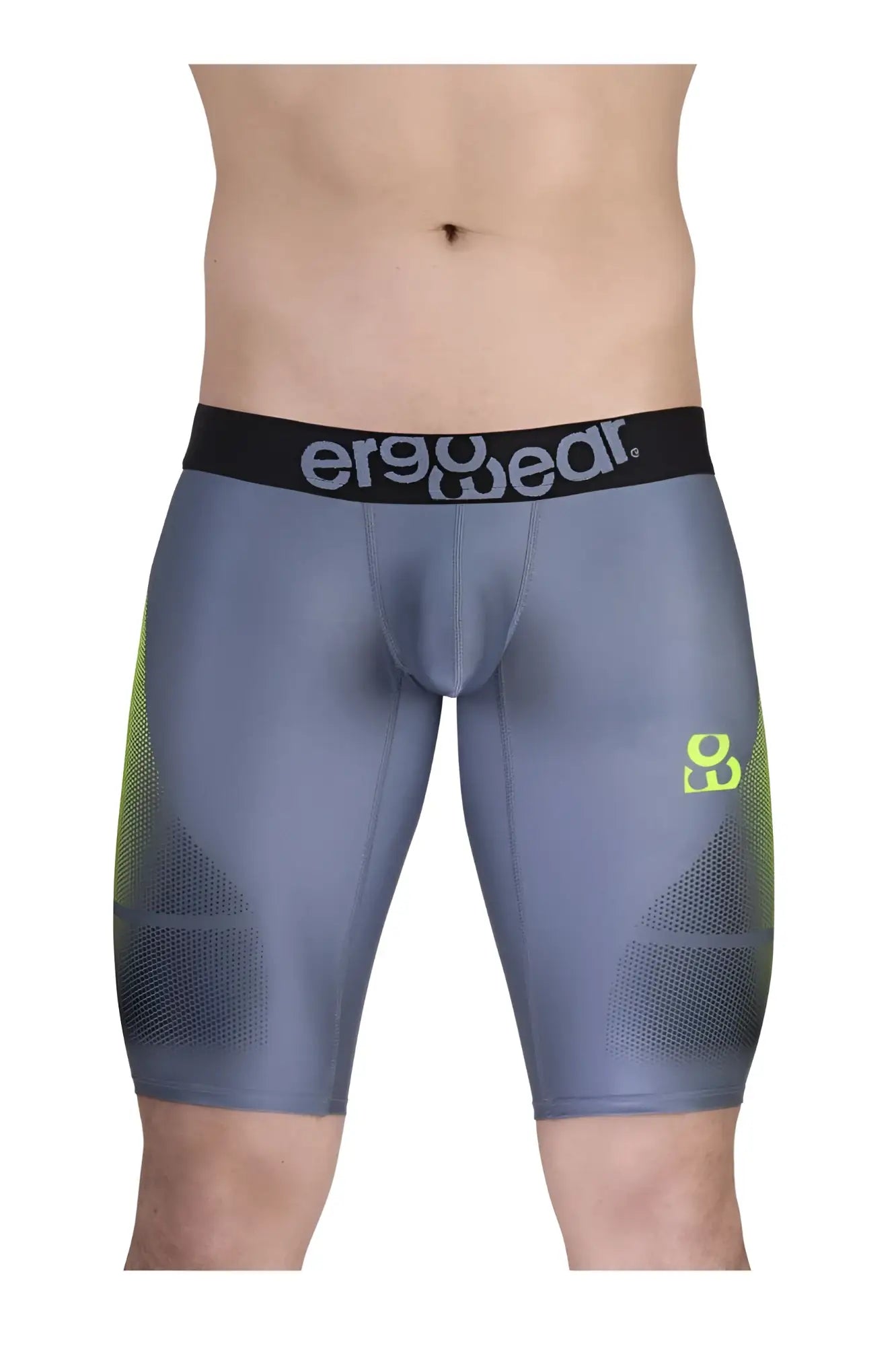 ErgoWear ew1603 max se gray and neon green ergonomic compression athletic shorts with black waistband and logo