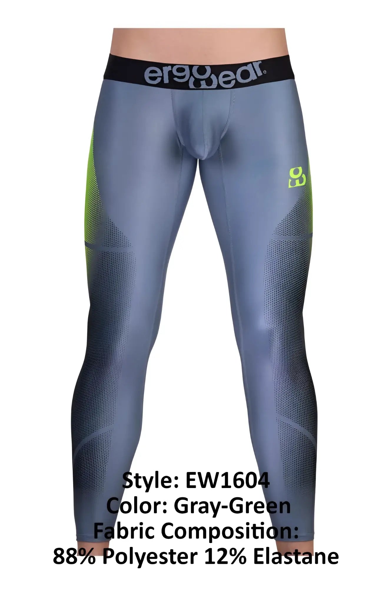 Gray-green ergowear ew1604 max se athletic leggings with black waistband, neon green panels, made of polyester and elastane