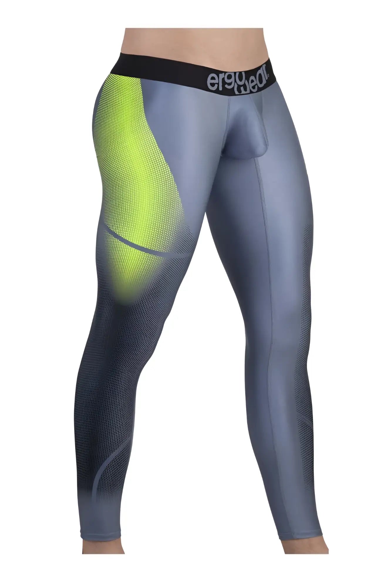 Gray and neon yellow gradient compression leggings with mesh texture and ergo wear logo on waistband in gray-green color