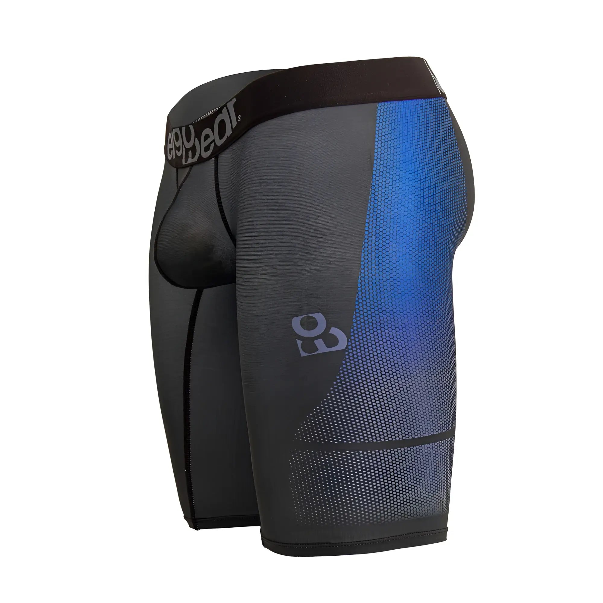 Black and blue gradient ErgoWear ew1605 max se athletic compression shorts with mesh texture and deep bear logo waistband