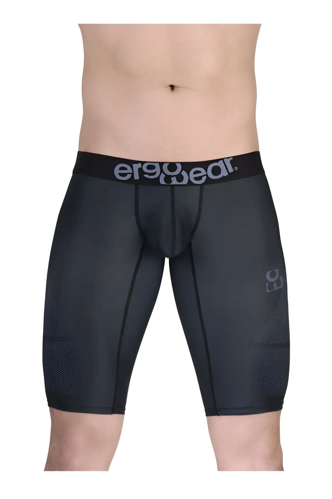 Black ergonomic compression shorts with gray ergo wear waistband and subtle mesh thigh panels in dark gray color