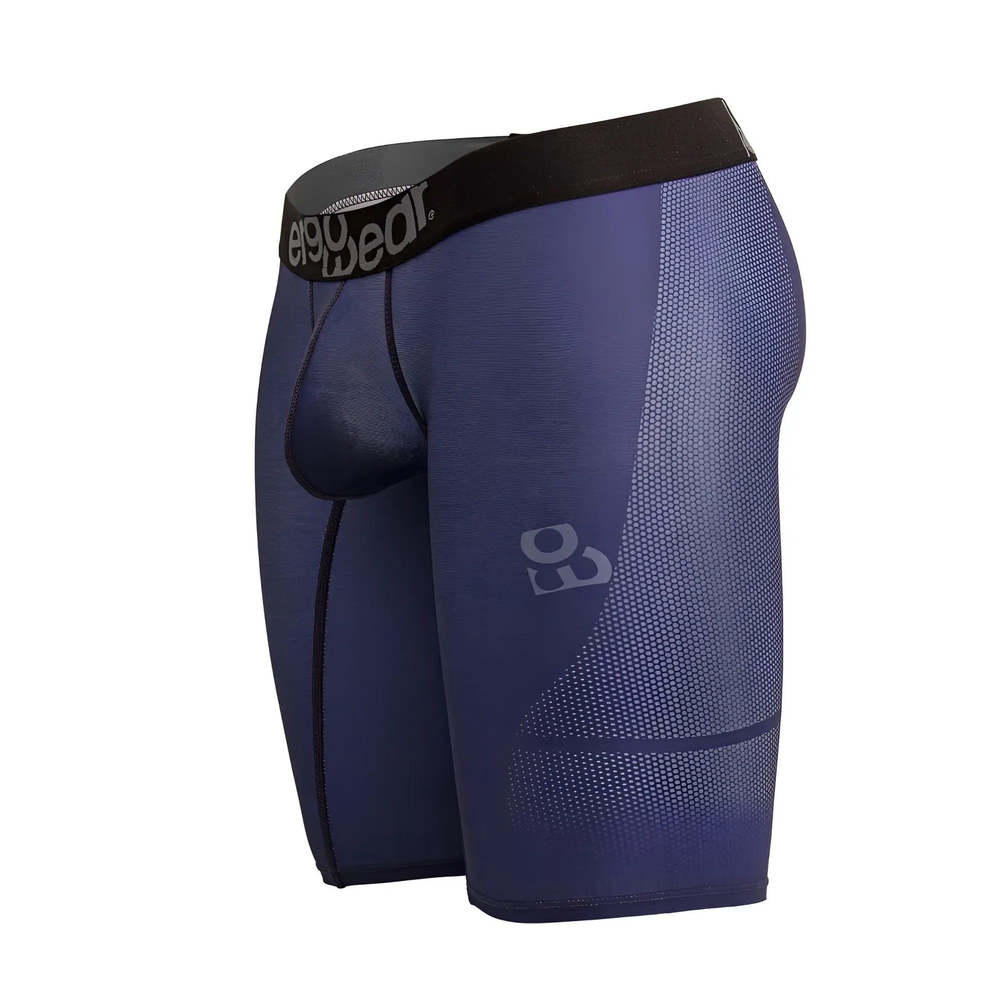 Dark blue ergoWear ew1607 max SE athletic briefs with black waistband and gray patterned design on the leg