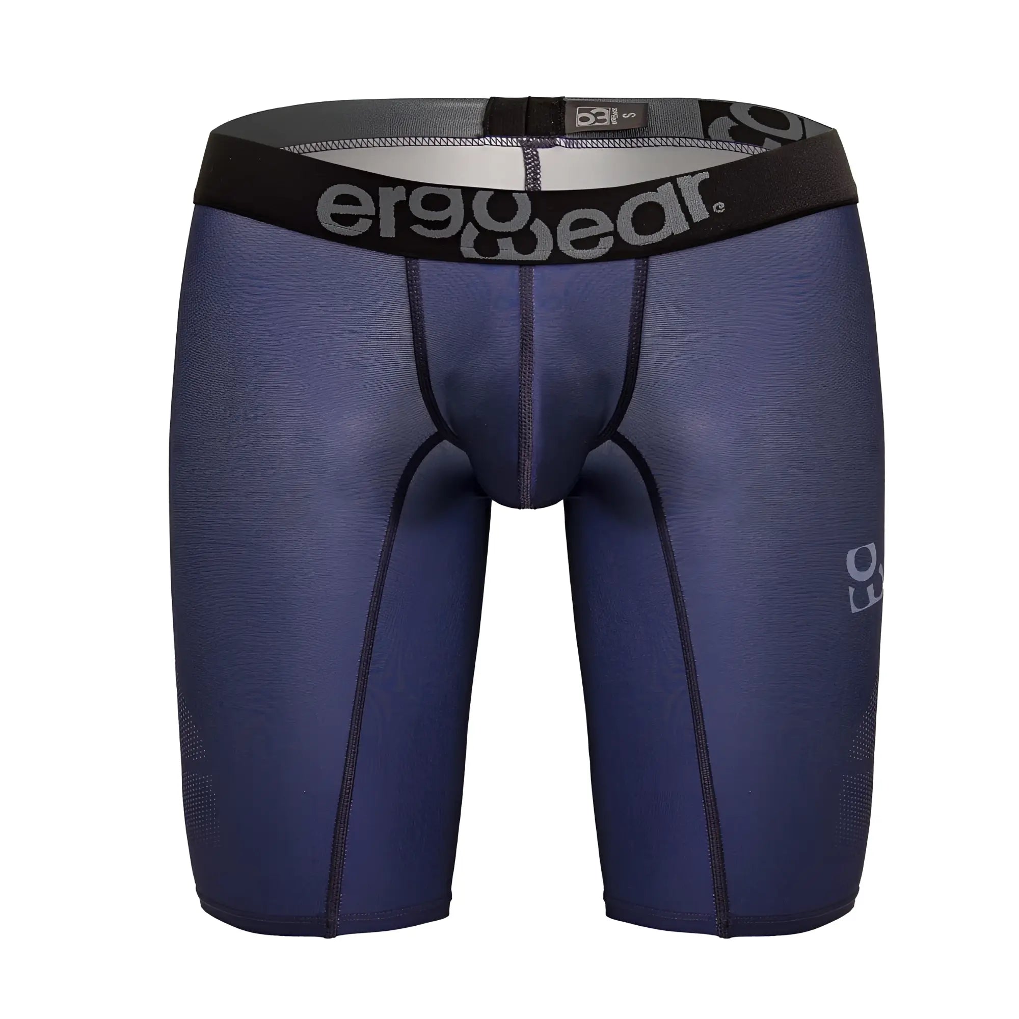 Navy blue ergoWear ew1607 MAX SE athletic compression shorts with black waistband and gray logo detailing