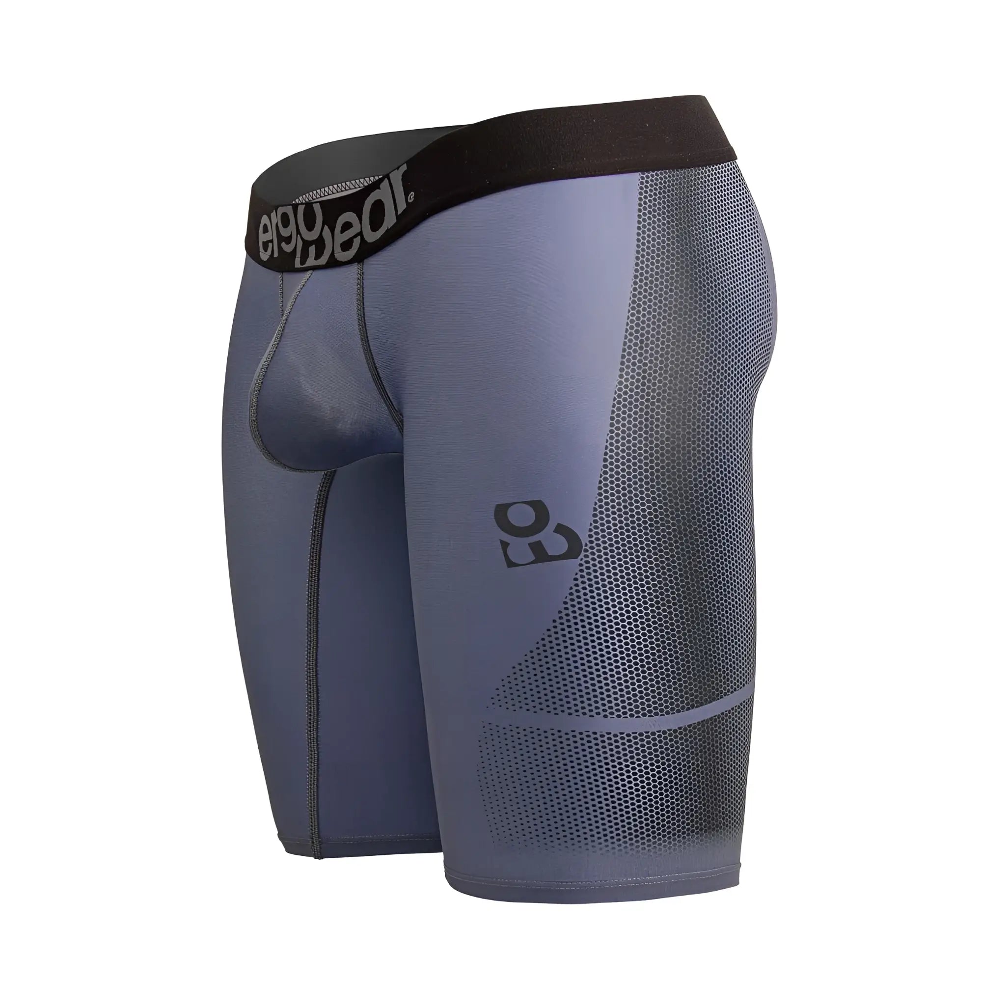 Gray and black ergoWear ew1609 max se athletic compression shorts with mesh panels and e90 wear logo on the waistband