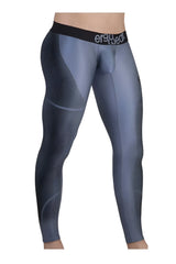 Gray ergonomic compression leggings with black ergo wear logo waistband designed for athletic performance