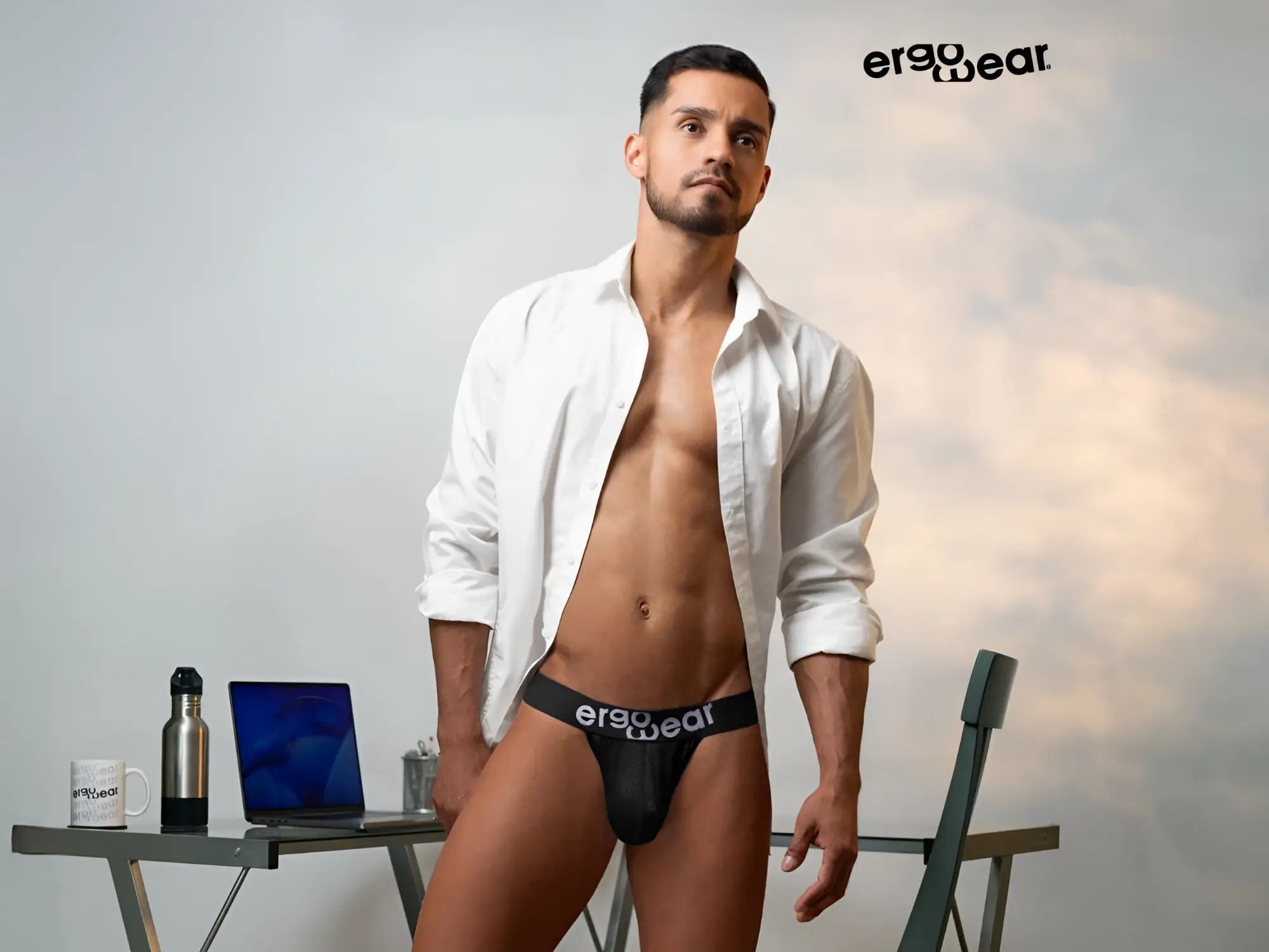Black ergonomic briefs g-string with ergo wear branding in white for comfortable max flow support