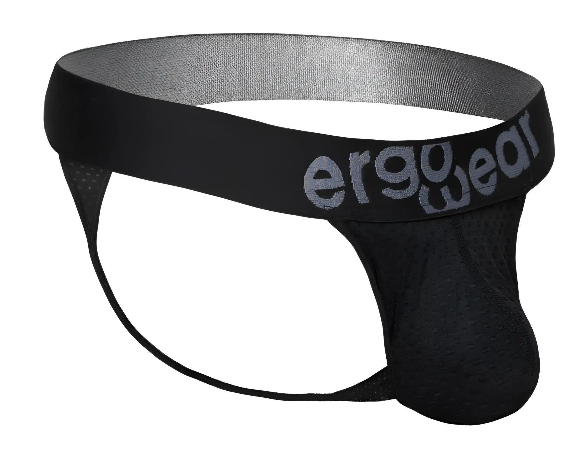Black ergonomic g-string briefs with perforated mesh fabric and gray ergo wear logo on waistband front view