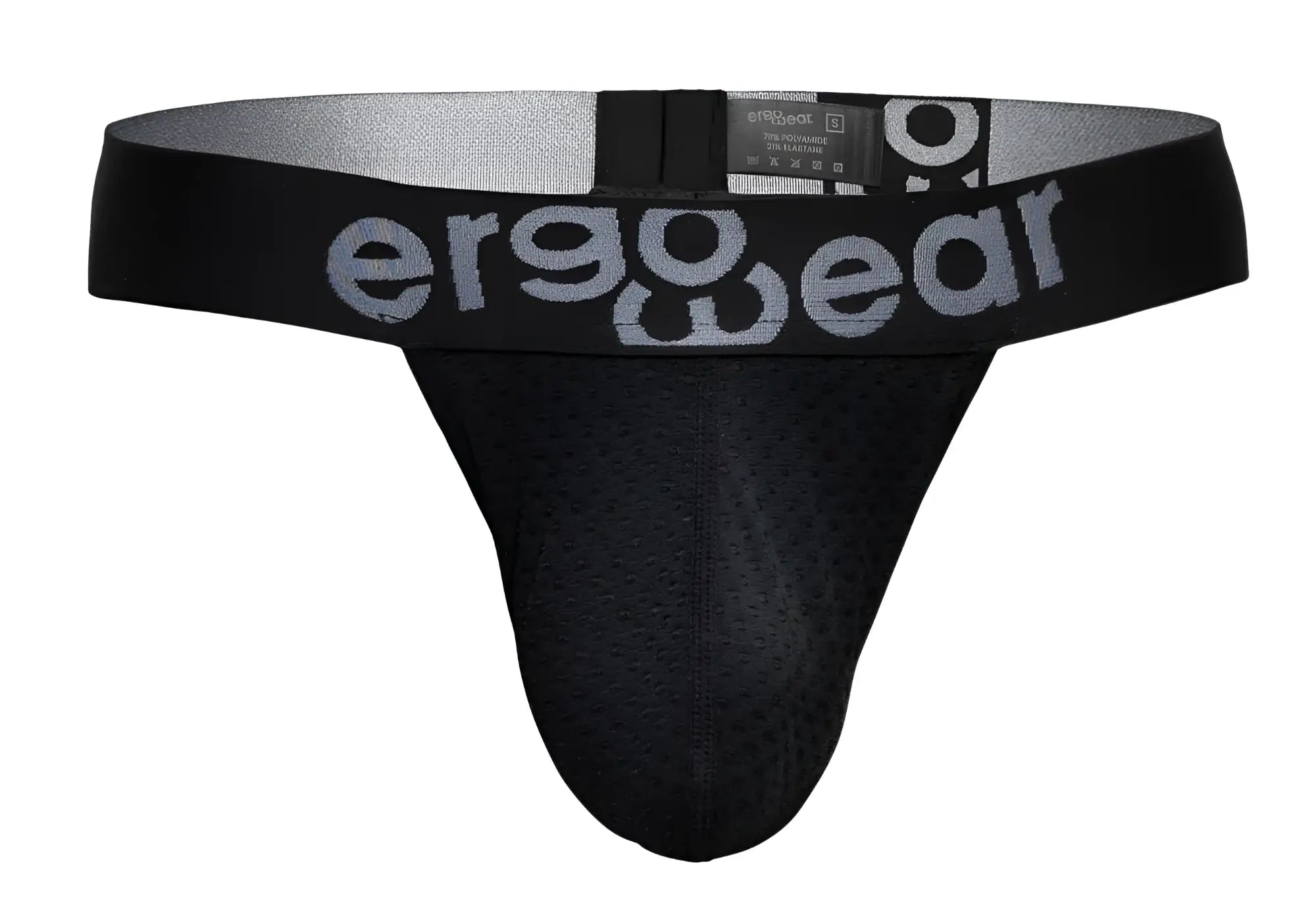 Black ergowear ew1687 max flow g-string briefs with gray perforated mesh front and silver logo waistband