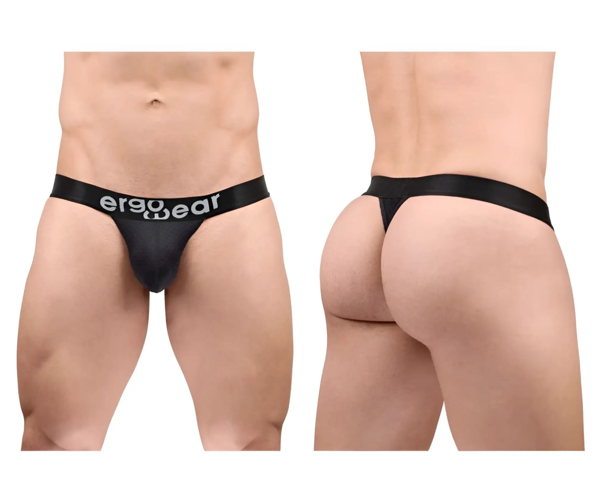 Black ergonomic thong g-string with ergo wear waistband branding designed for comfort and maximum airflow