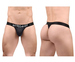Black ergonomic thong g-string with ergo wear waistband branding designed for comfort and maximum airflow