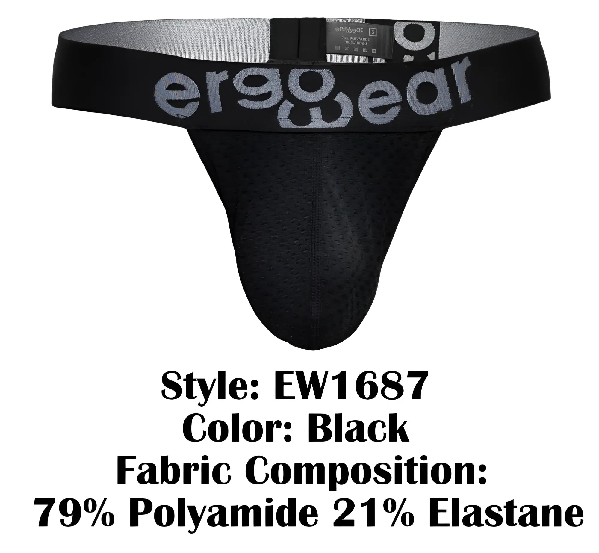 Black ergo wear ew1687 max flow g-string thong with gray logo made of 79 polyamide 21 elastane ergonomic design
