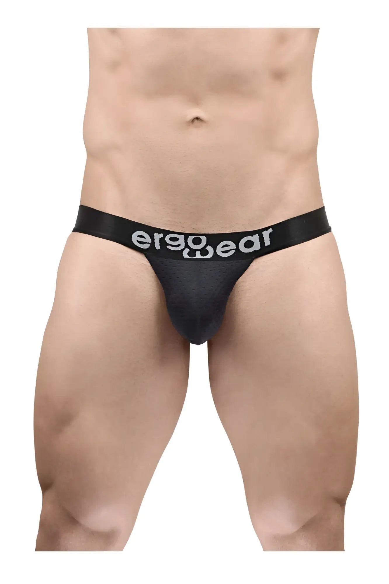 Black ergonomic g-string briefs with white ergo wear logo waistband designed for maximum flow comfort