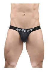 Black ergonomic g-string briefs with white ergo wear logo waistband designed for maximum flow comfort
