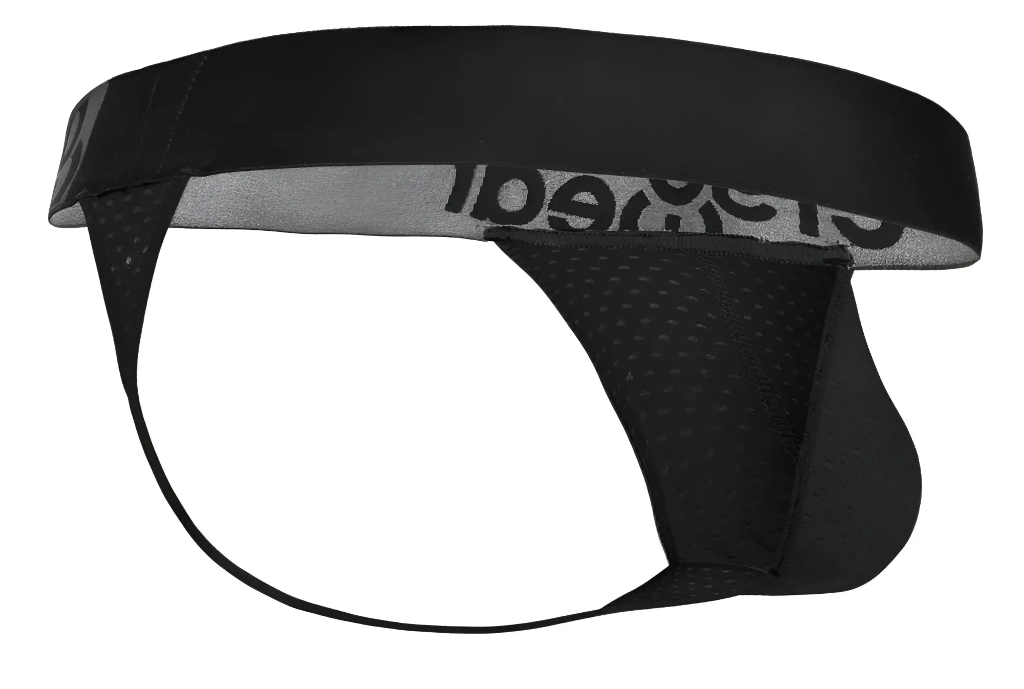 Black mesh athletic brief with gray lining and cage branding on waistband from ergowear ew1687 max flow g-string color black