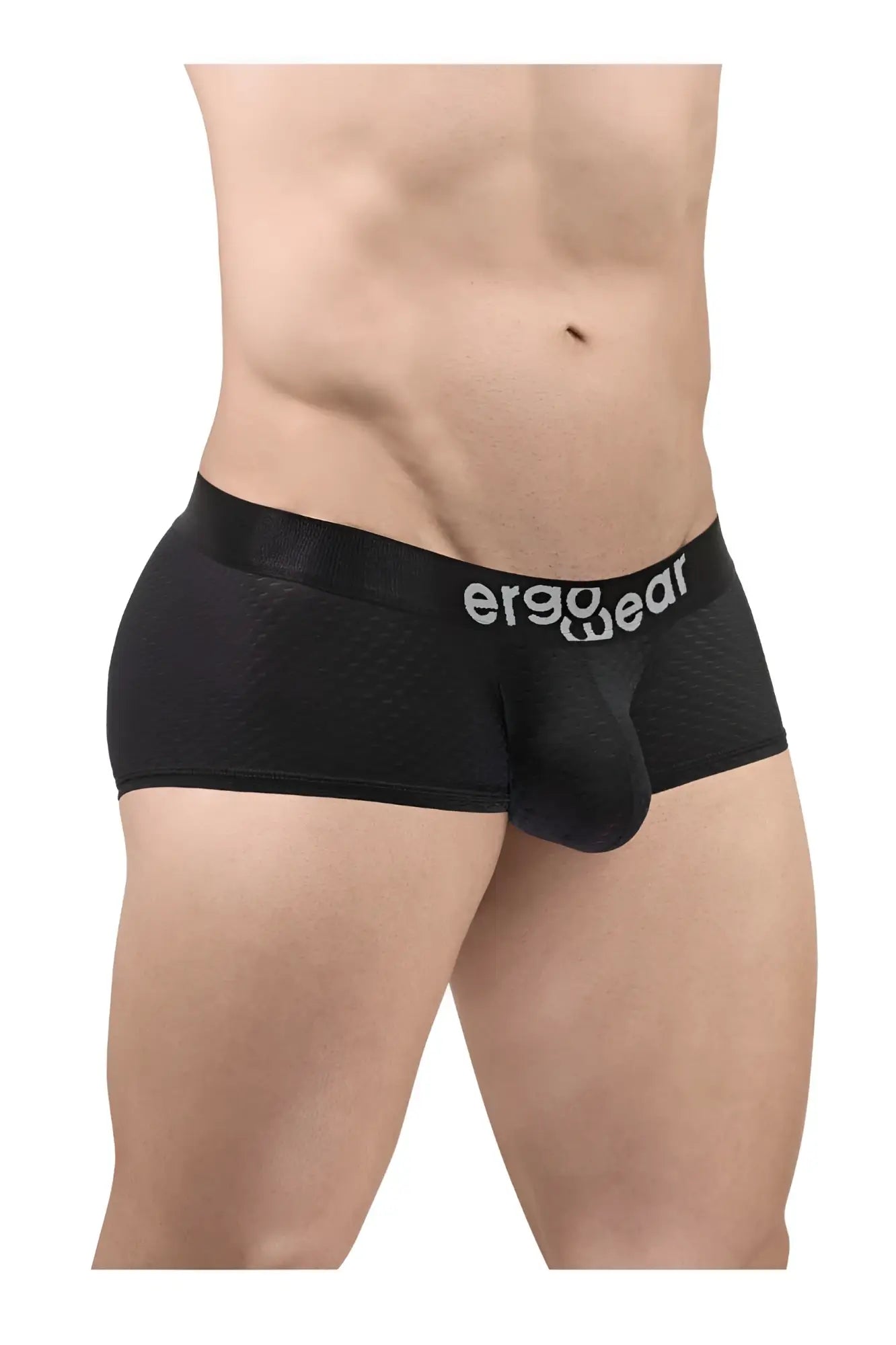 Black ergowear ew1689 max flow trunks featuring ergonomic briefs with textured mesh fabric and white logo waistband