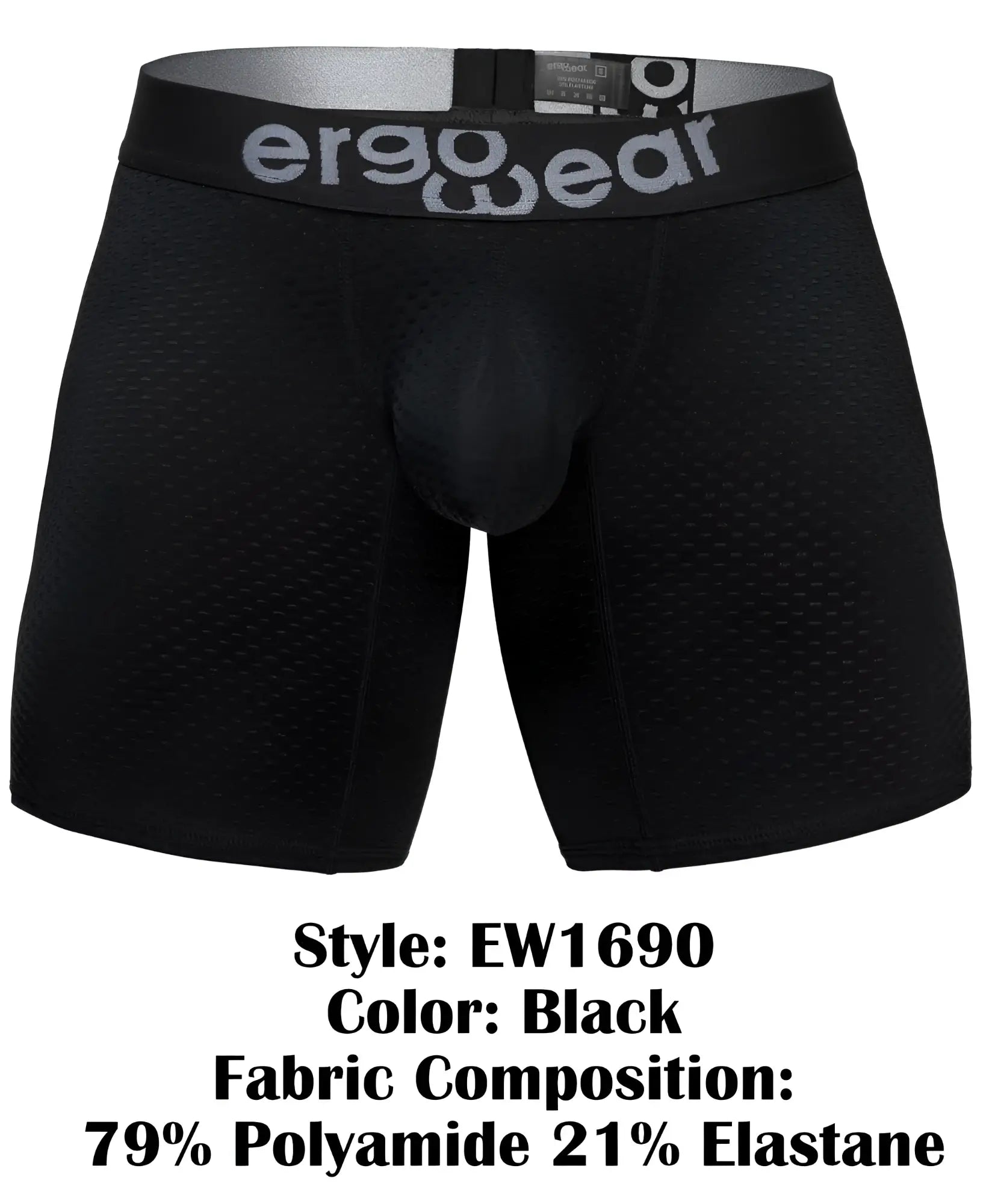 Black ergo wear ew1690 max flow boxer briefs with ergonomic design and breathable mesh texture in black