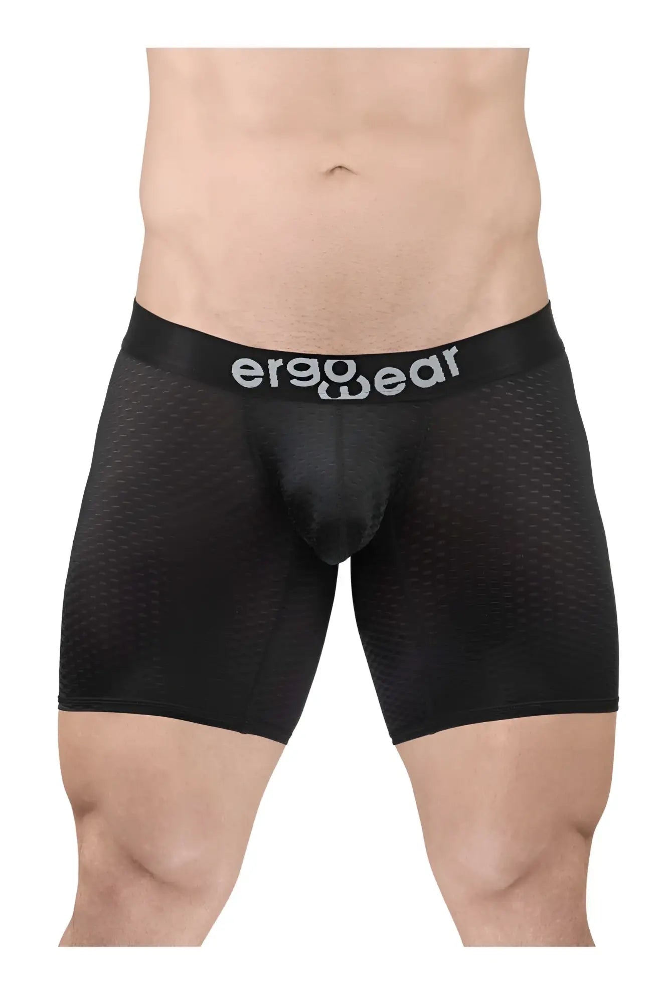 Black ergonomic boxer briefs with mesh texture and ergowear logo on waistband ew1690 max flow model