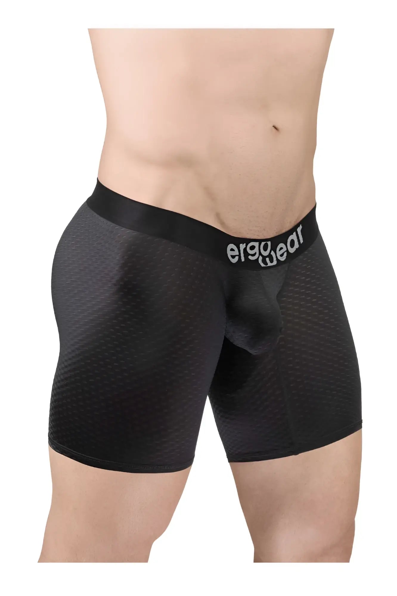 Black ergo wear ew1690 max flow boxer briefs with ergonomic fit mesh texture and logo waistband front view