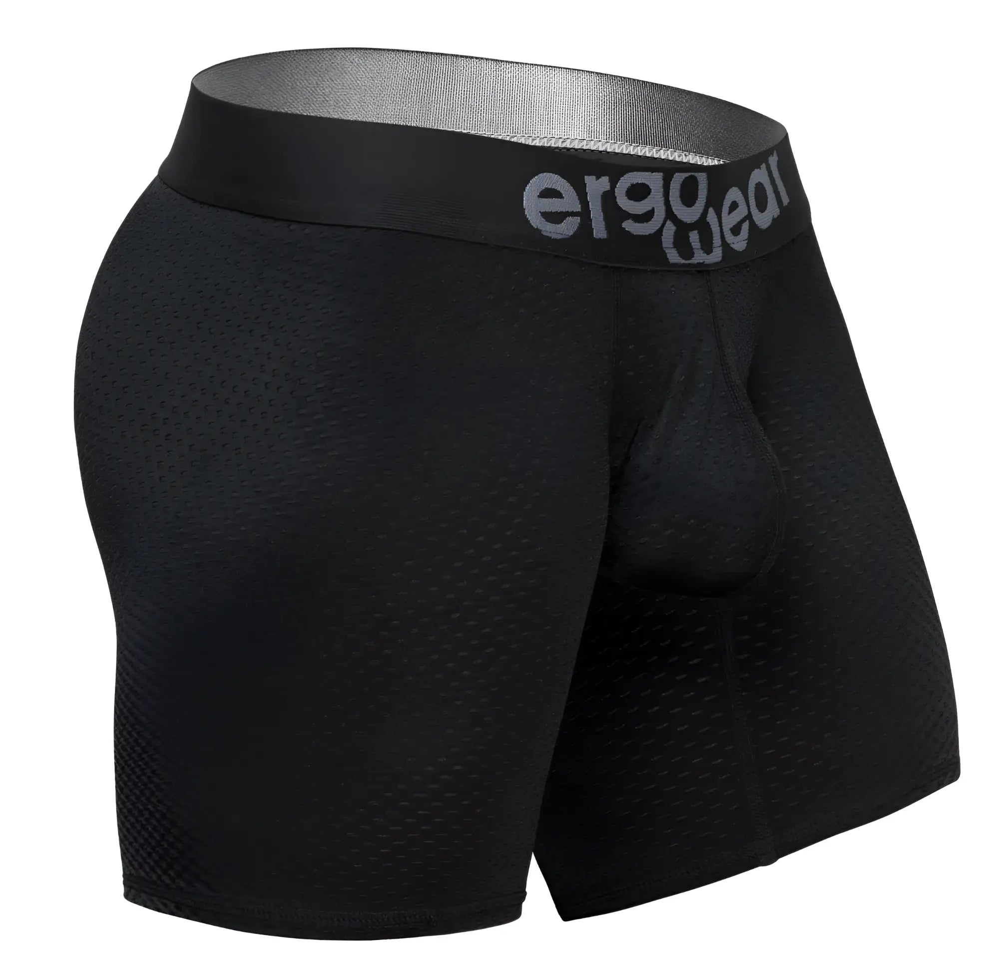 Black ergonomic boxer briefs with perforated mesh fabric and gray ergo wear logo on waistband in ergo wear ew1690 max flow