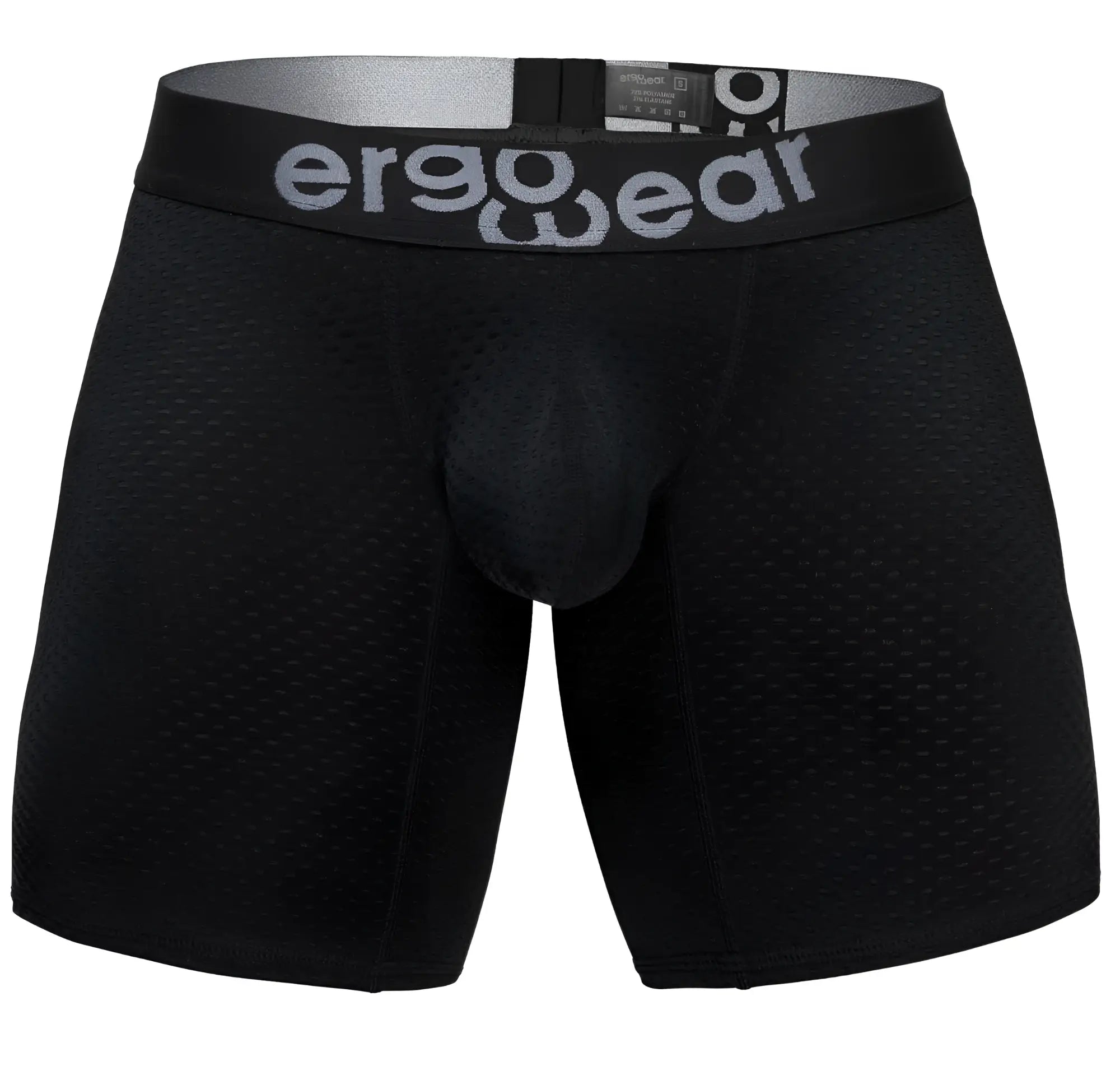 Black ergowear ew1690 max flow boxer briefs with textured mesh fabric and gray ergowear waistband branding