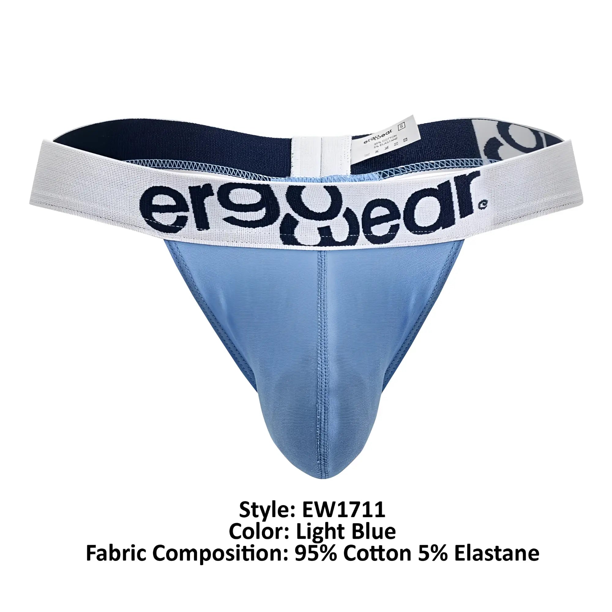 Light blue ergowear ew1711 max cotton thong with white waistband and black brand logo front view
