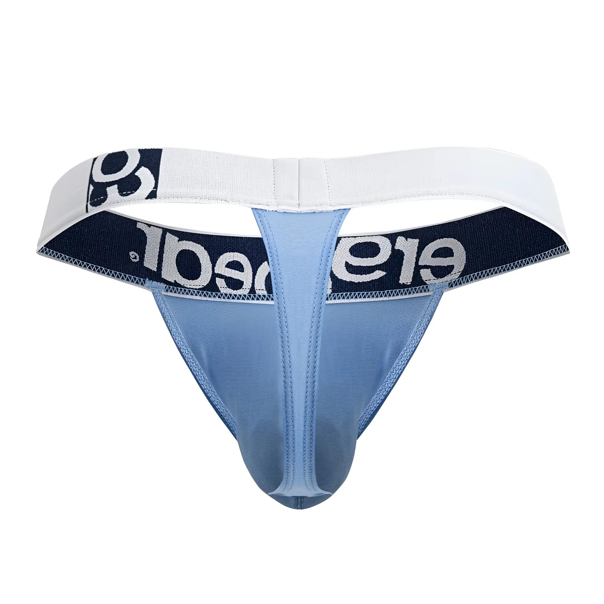 Light blue ergoWear ew1711 max cotton thong with white and navy elastic waistband and bold brae branding