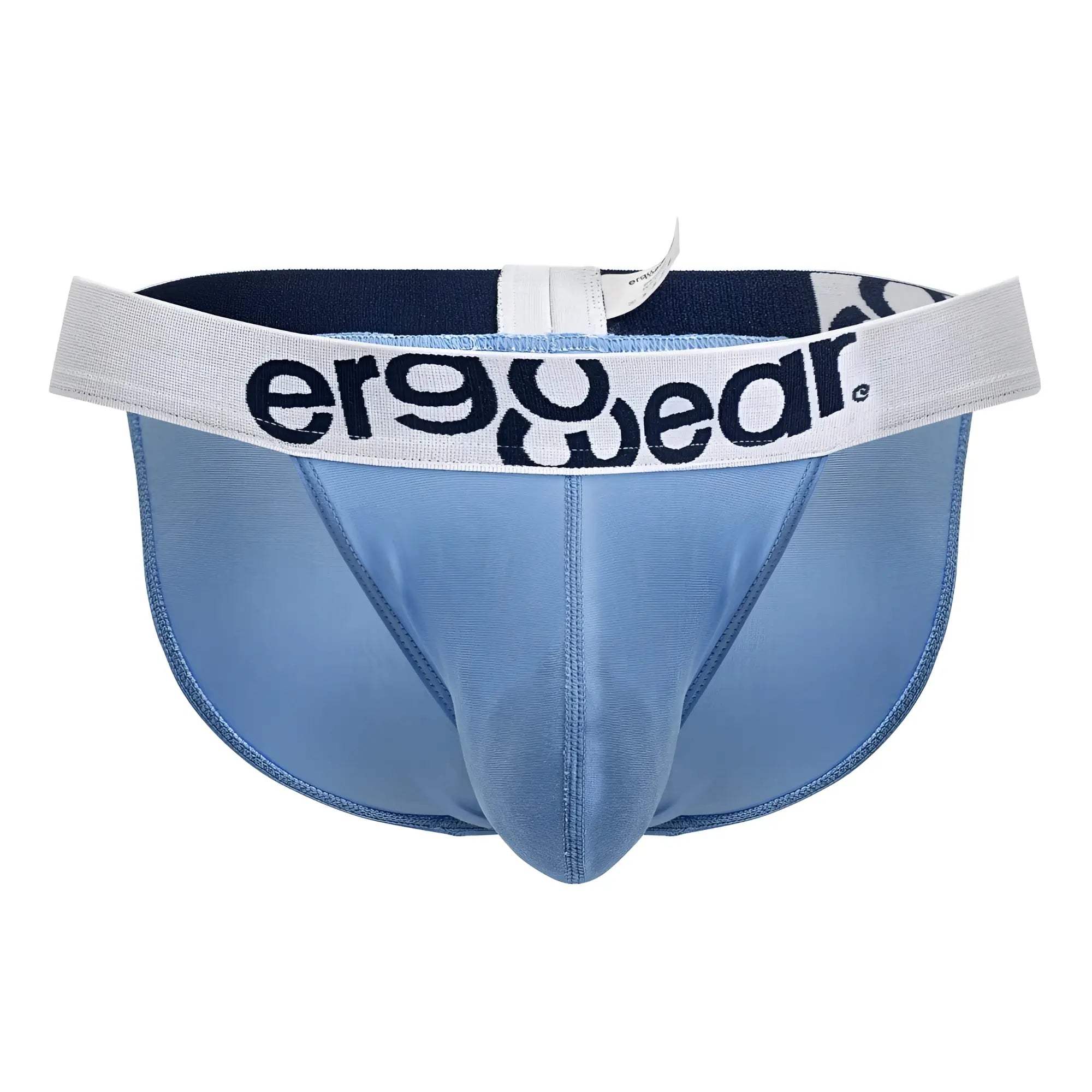 Light blue ergonomic bikini briefs in cotton with a white waistband featuring the ergowear logo in black