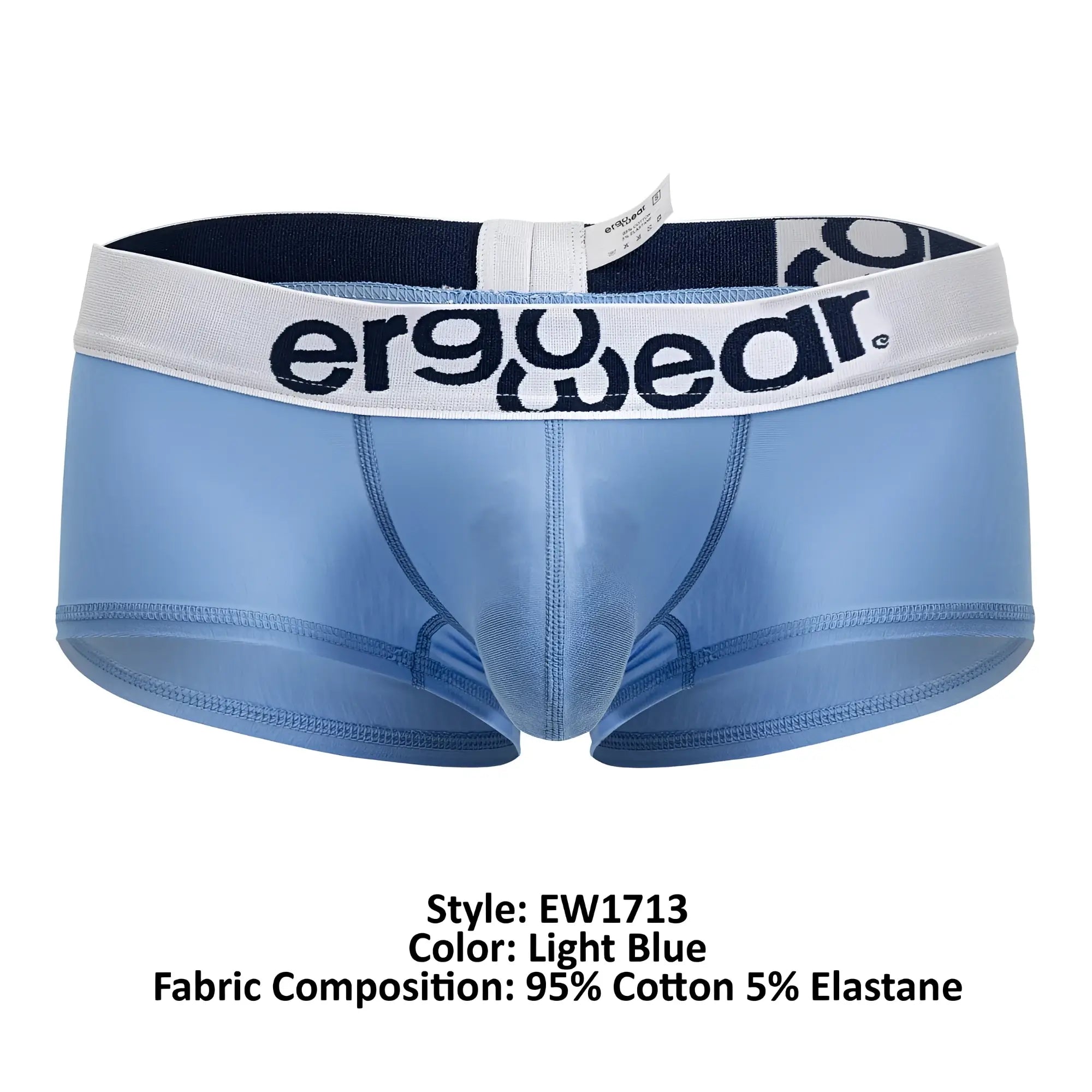 Light blue ergo wear ew1713 max cotton ergonomic briefs with white waistband featuring the ergo wear logo