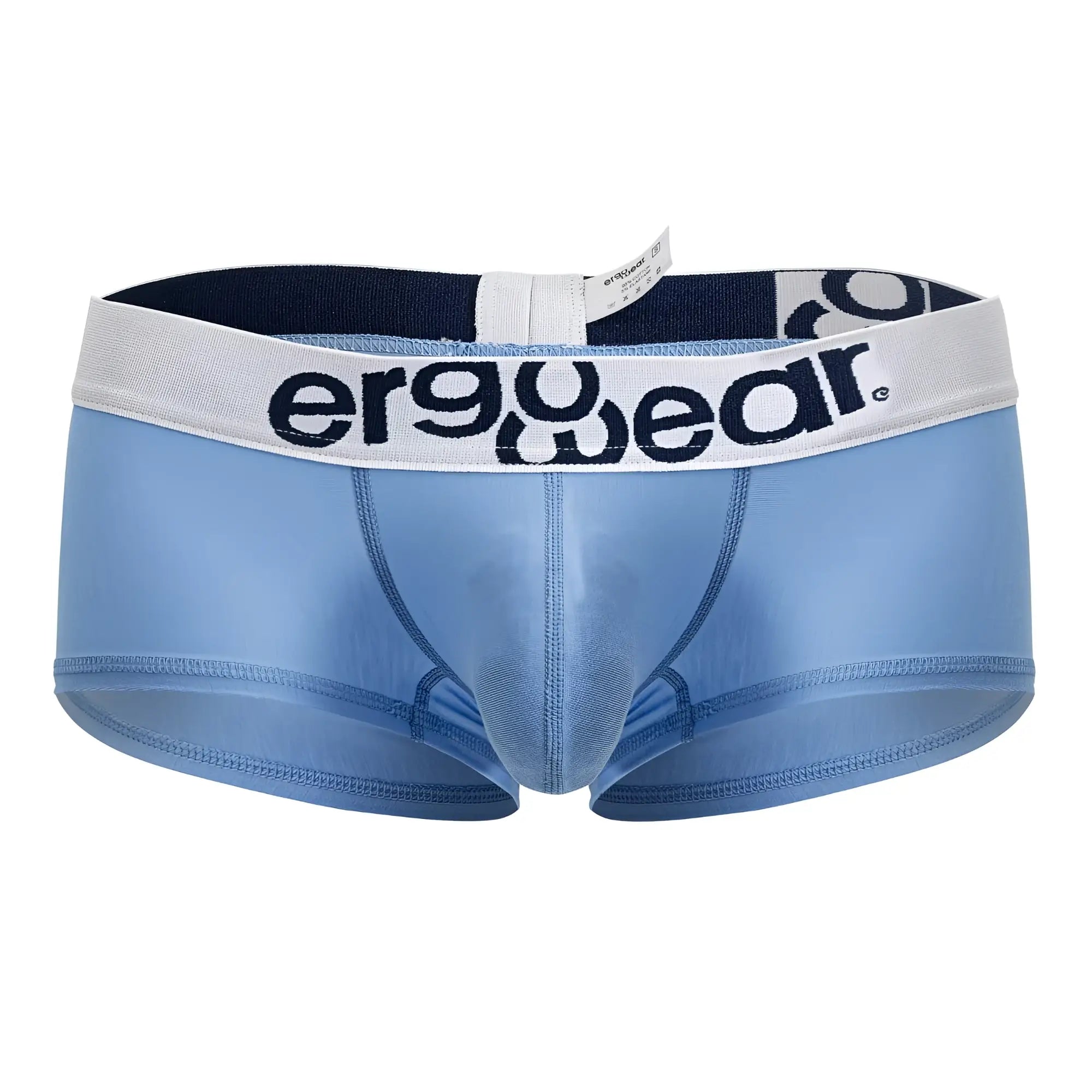 Light blue ergonomic cotton briefs with white waistband and ergo wear logo in dark navy lettering front view