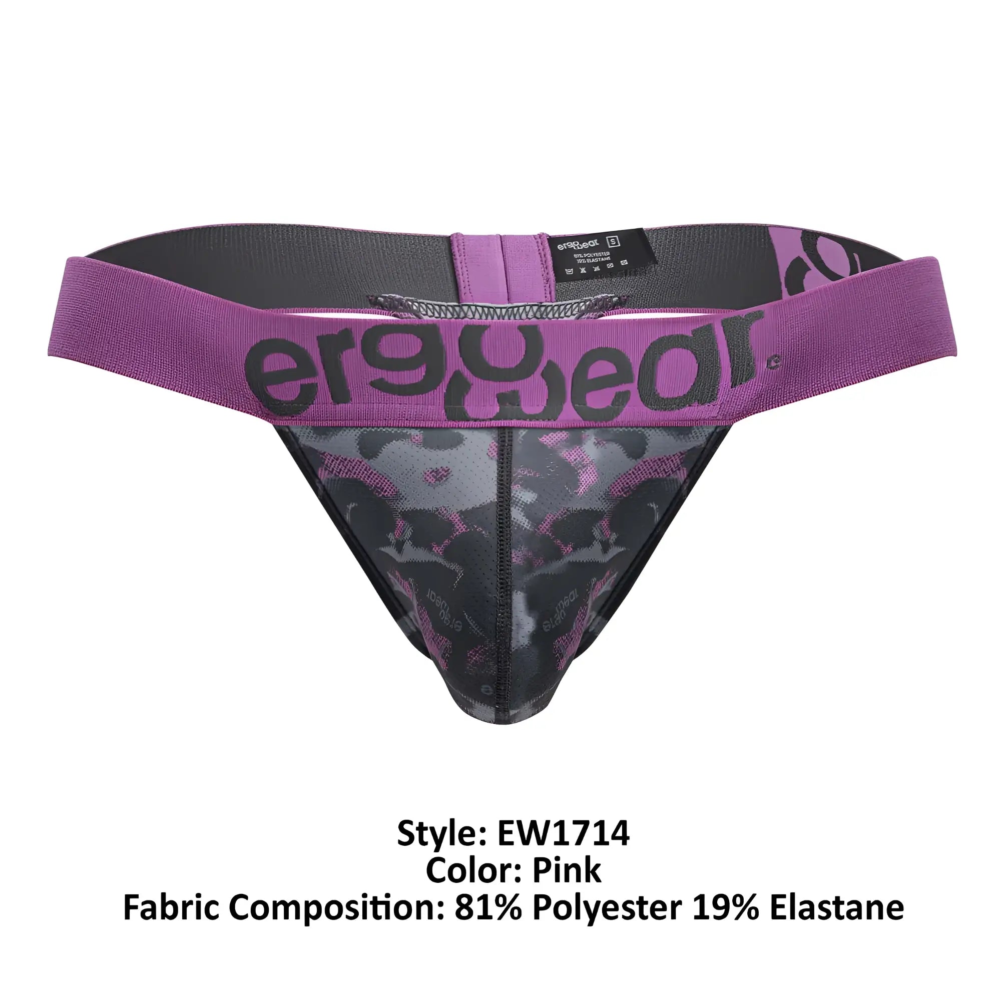 Purple and black patterned men’s mesh thong with ergowear logo on waistband ergoWear ew1714 max se camo g-string pink