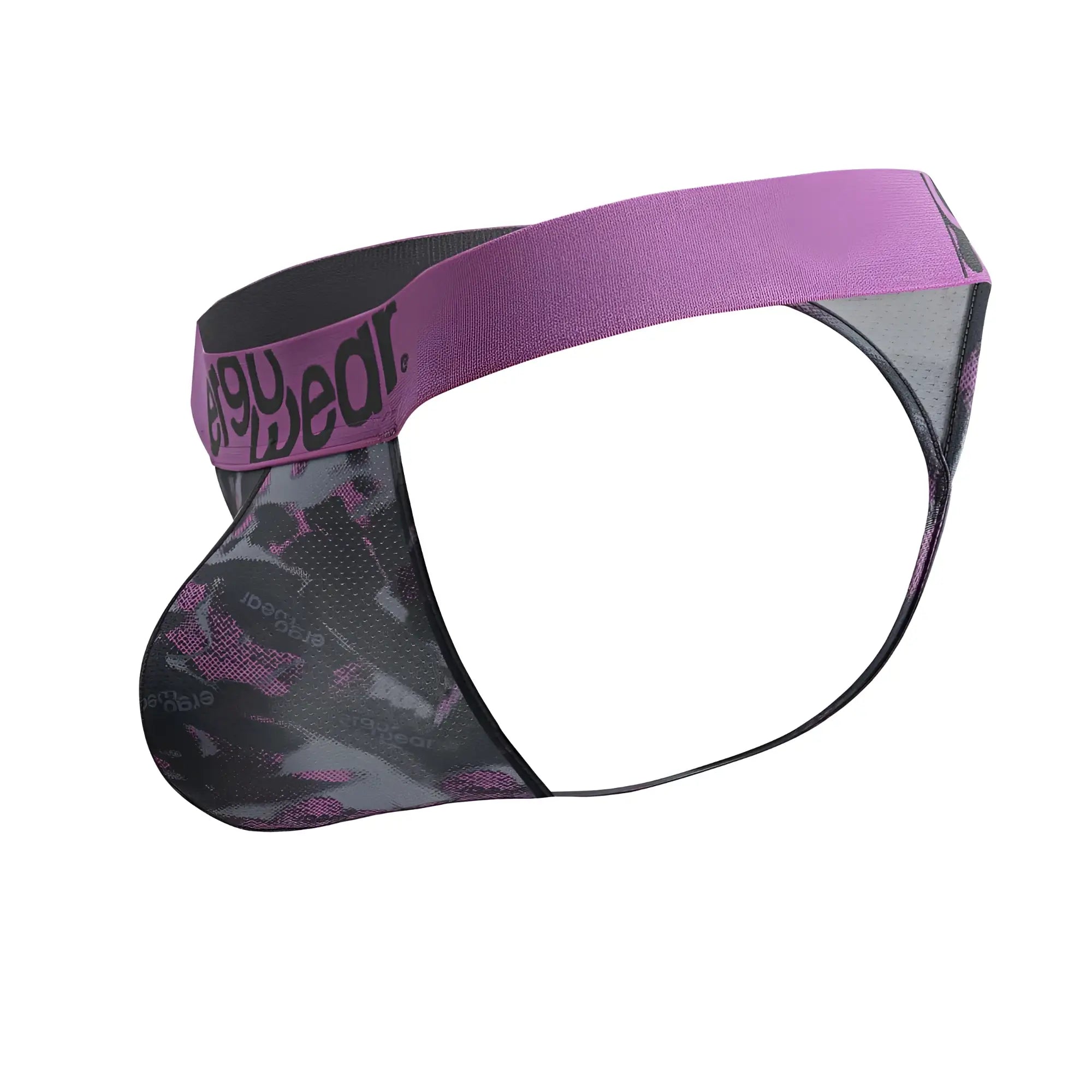 Men’s ergoWear ew1714 max se camo g-string in purple and black patterned mesh with elastic waistband