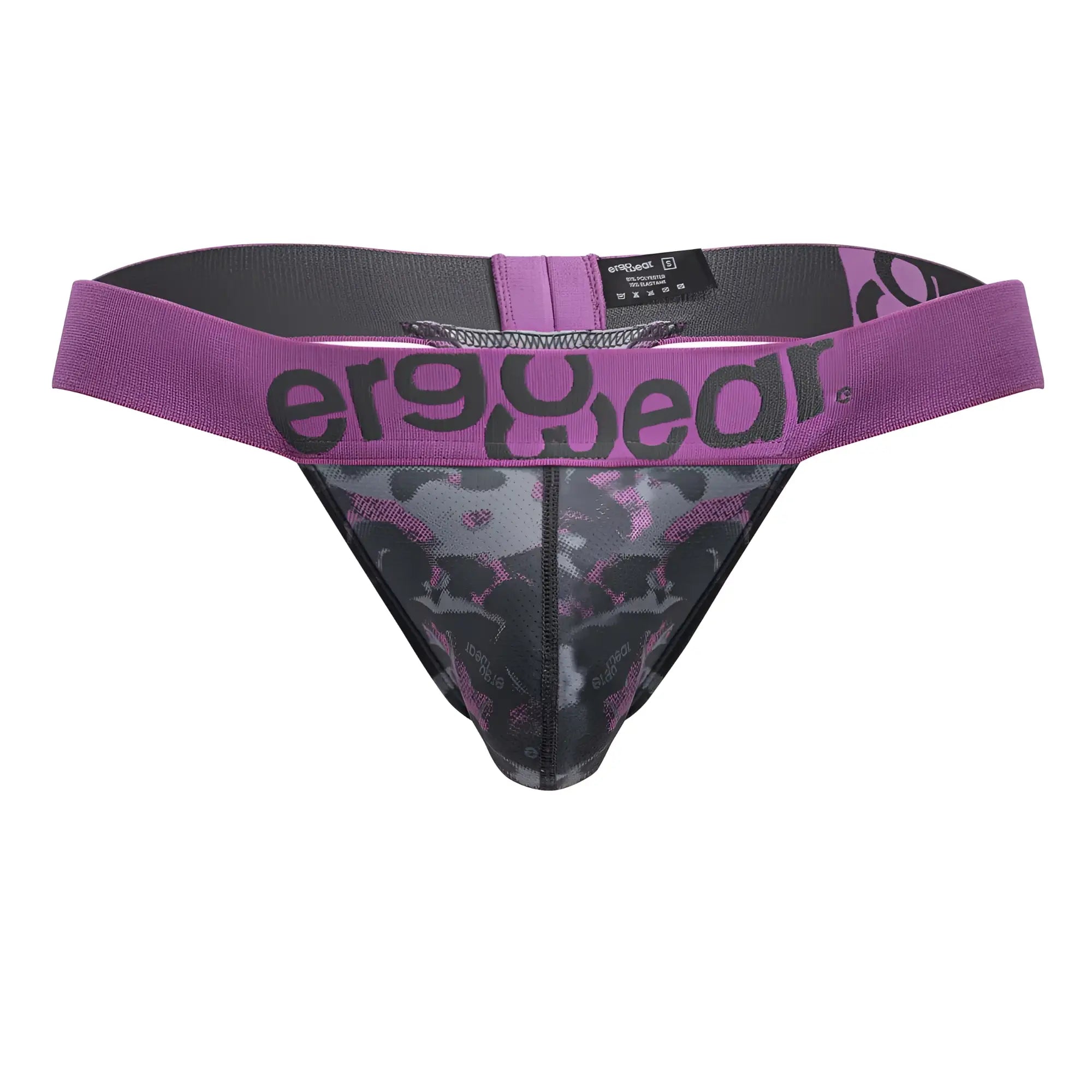 Purple and black patterned men’s thong with ergogear branded waistband from ergowear ew1714 max se camo g-string pink