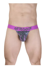 Purple and gray camouflage ergonomic briefs with bold purple waistband featuring ergogear brand name in pink color
