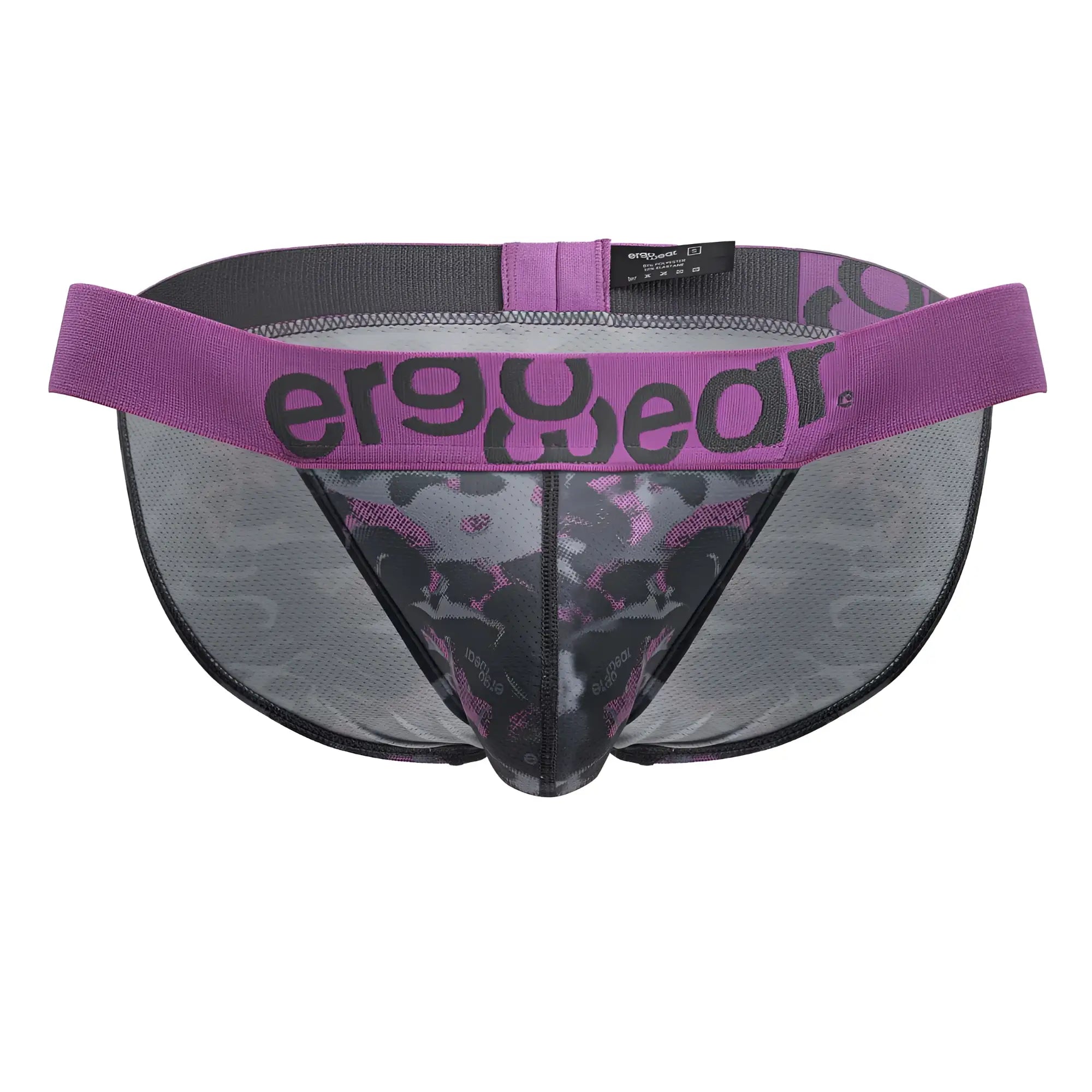 Purple and black patterned mesh bikini briefs with branded waistband from ergowear ew1715 max se camo in pink
