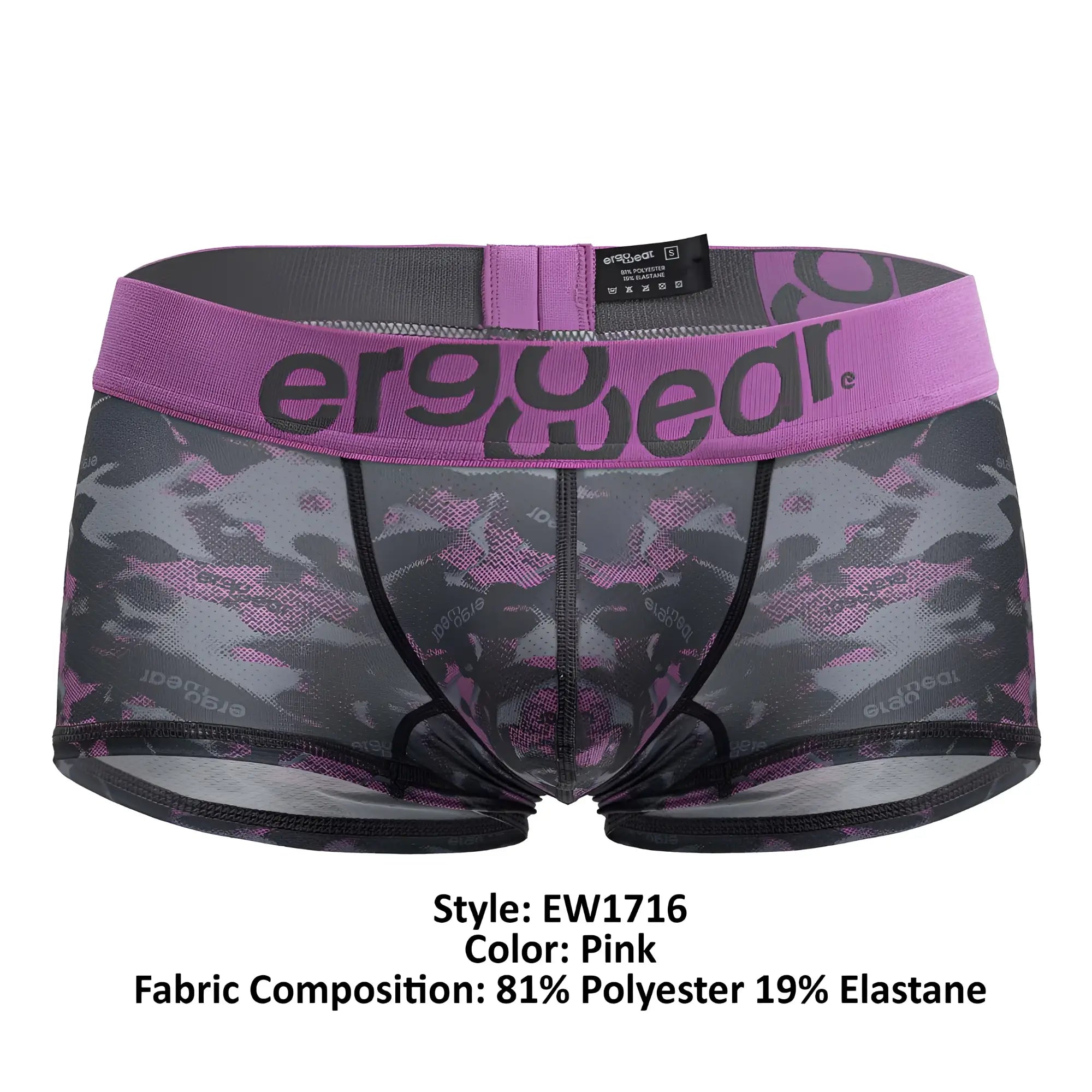 Pink camouflage men’s briefs with purple waistband and black trim featuring ergowear brand logo model ew1716 max se camo trunks