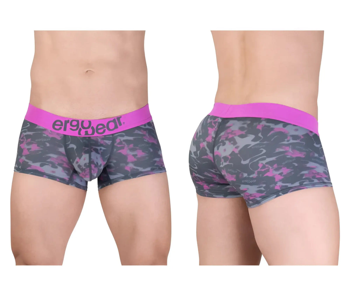 Pink and gray camouflage patterned men’s briefs with bright pink ergo wear waistband in model ew1716 max se camo trunks