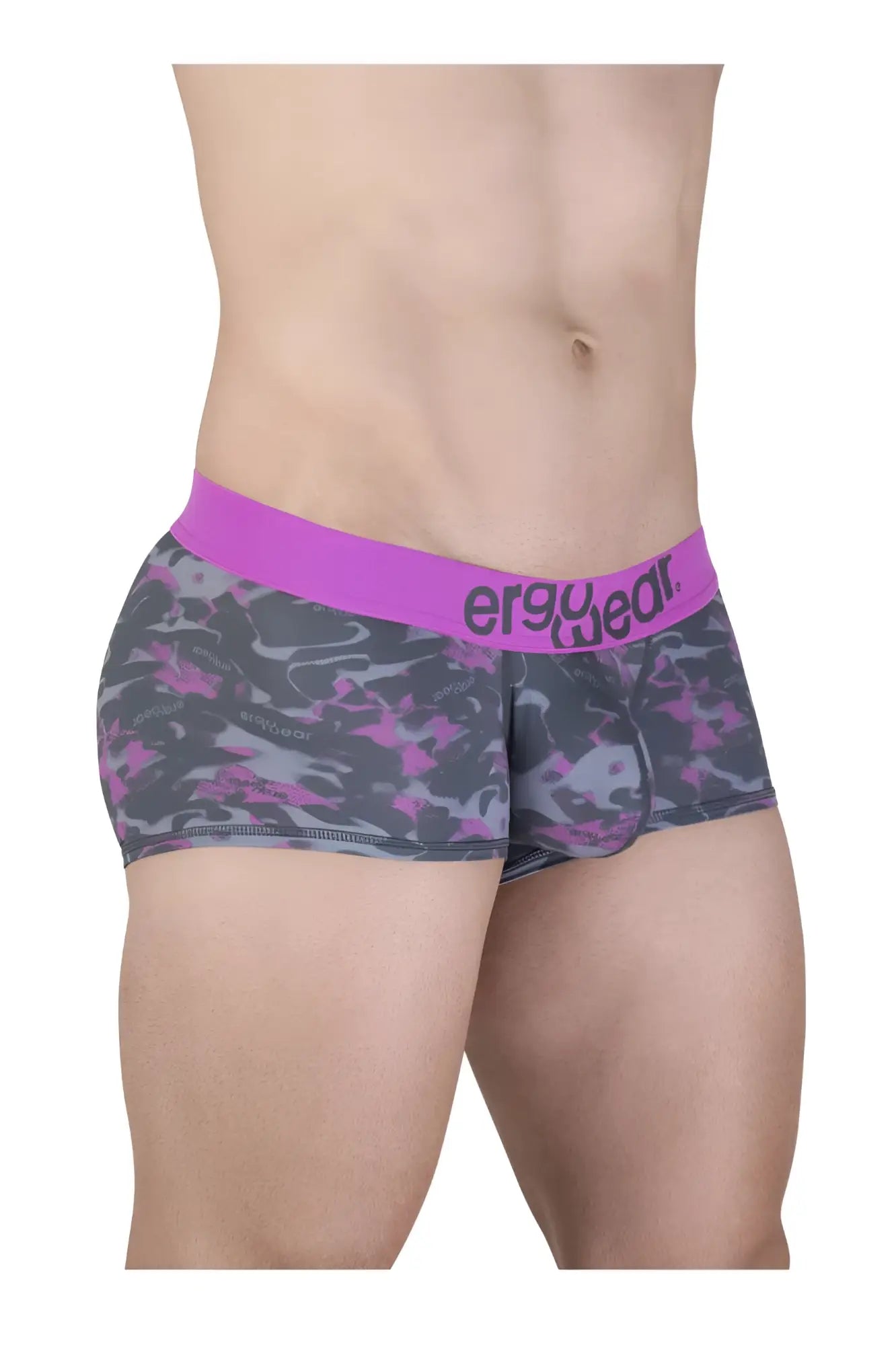 Purple and gray camouflage patterned men’s trunks with a solid purple waistband and ergo wed branding in pink color