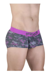 Purple and gray camouflage patterned men’s trunks with a solid purple waistband and ergo wed branding in pink color